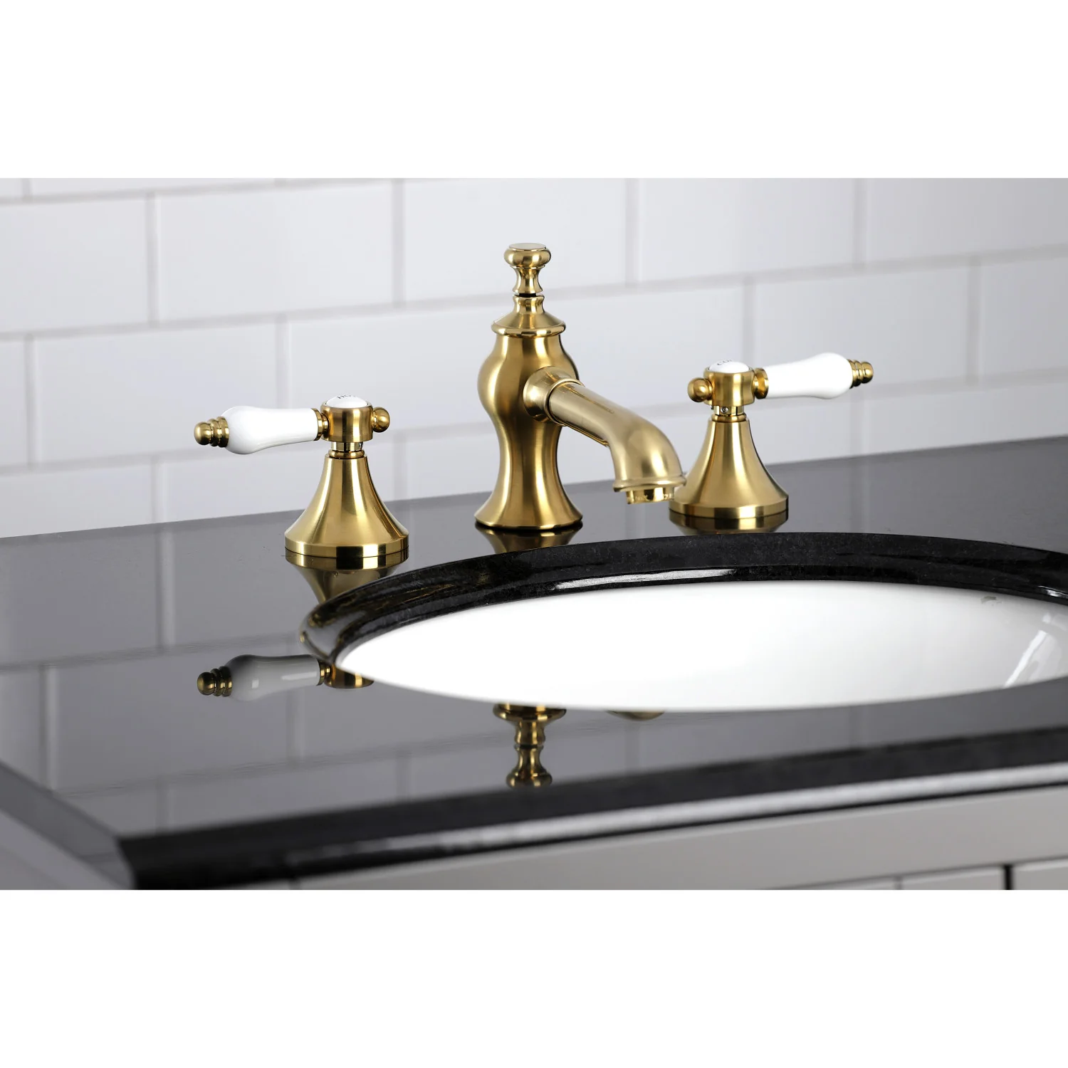 Kingston Tulare KC7067BPL - Bel-Air Two-Handle 3-Hole Deck Mount Widespread Bathroom Faucet with Brass Pop-Up, Brushed Brass - Image 2