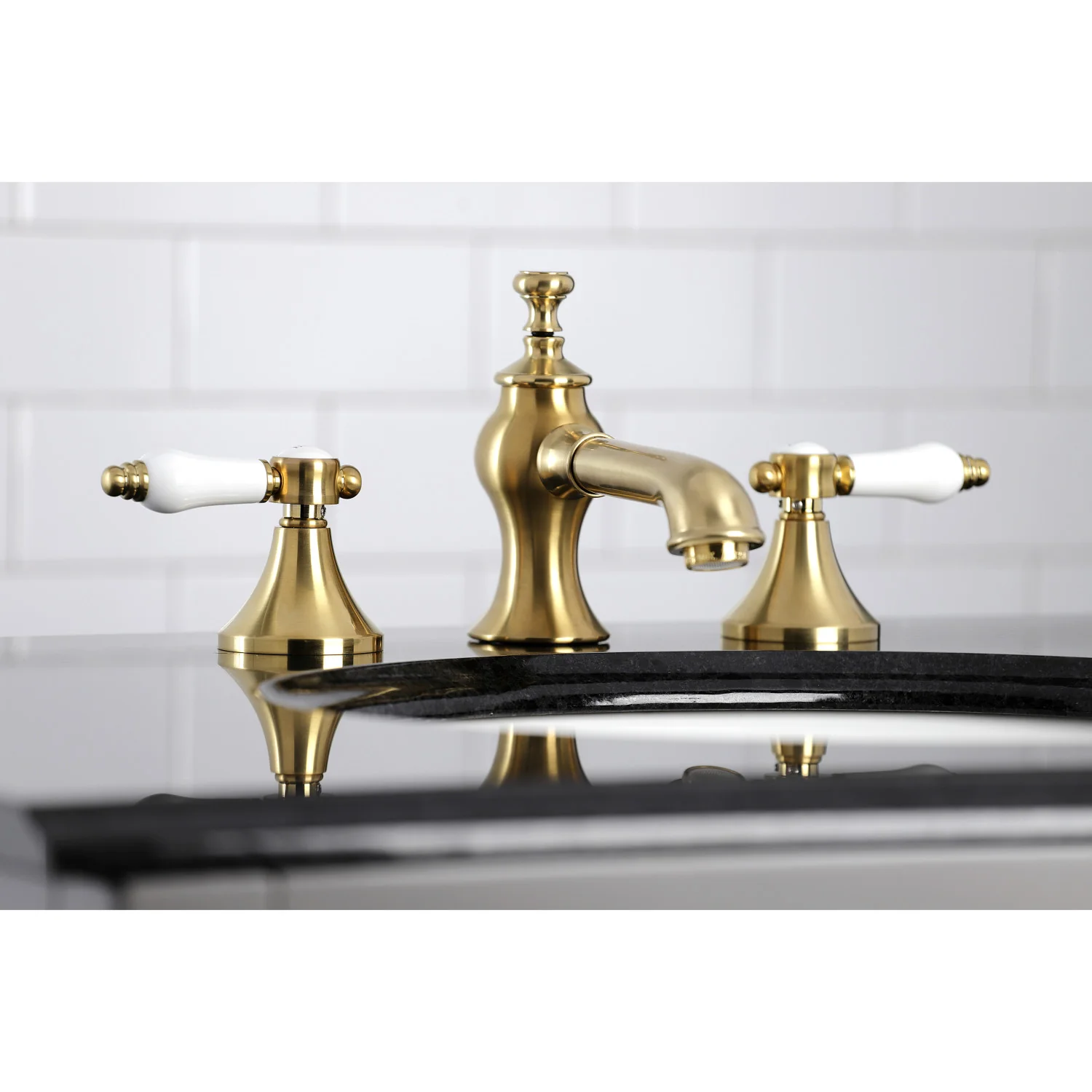 Kingston Tulare KC7067BPL - Bel-Air Two-Handle 3-Hole Deck Mount Widespread Bathroom Faucet with Brass Pop-Up, Brushed Brass - Image 3