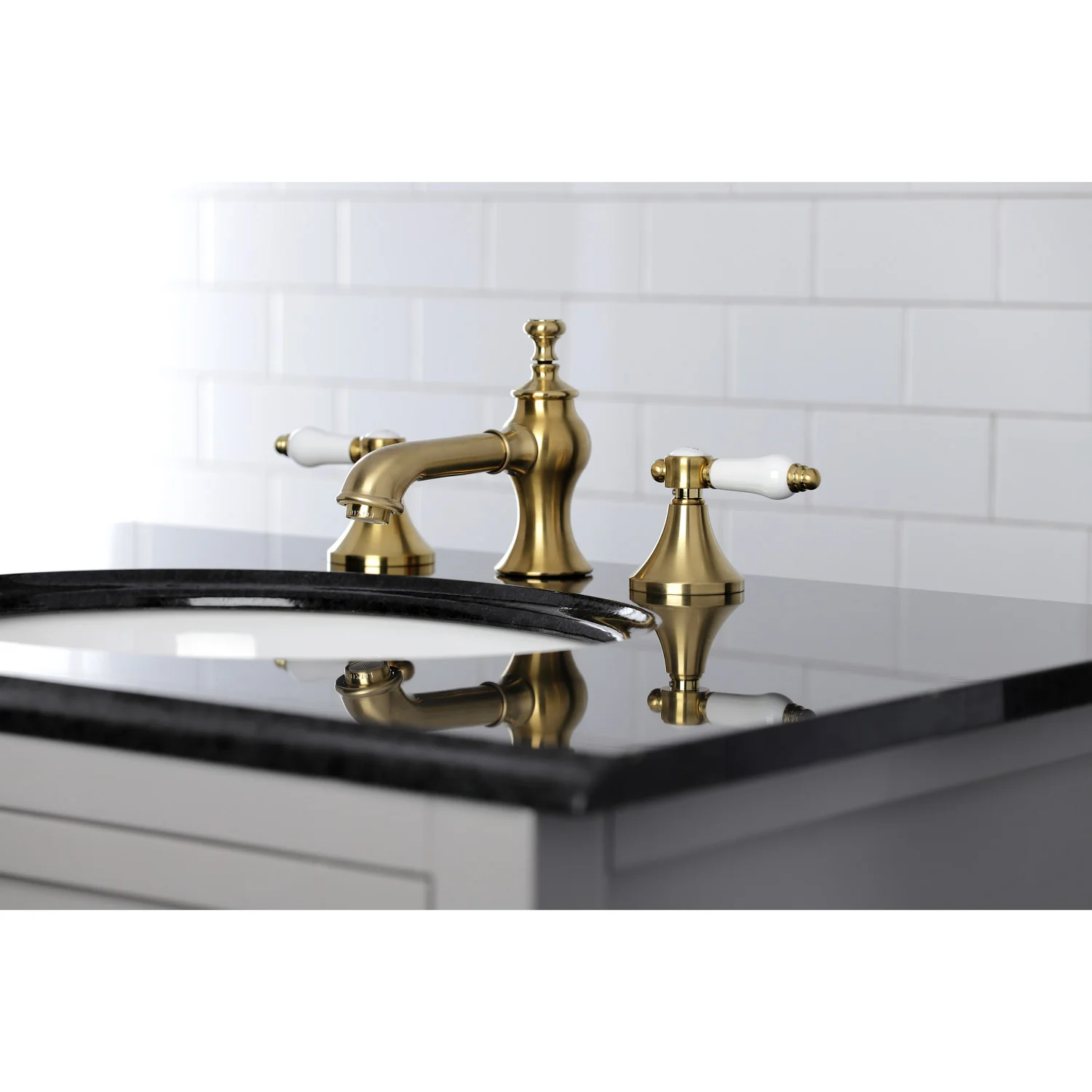 Kingston Tulare KC7067BPL - Bel-Air Two-Handle 3-Hole Deck Mount Widespread Bathroom Faucet with Brass Pop-Up, Brushed Brass - Image 4