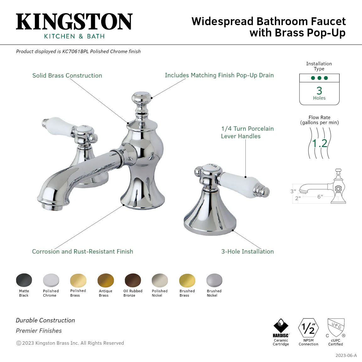 Kingston Tulare KC7067BPL - Bel-Air Two-Handle 3-Hole Deck Mount Widespread Bathroom Faucet with Brass Pop-Up, Brushed Brass - Image 7