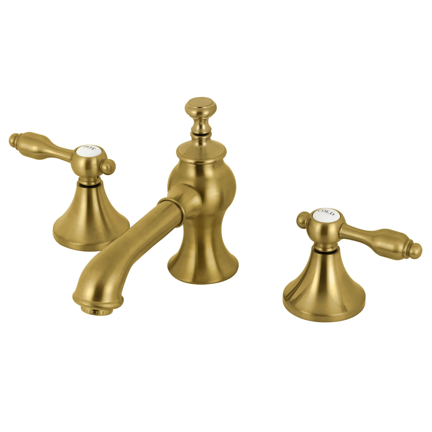 Kingston Tulare KC7067TAL - Tudor Two-Handle 3-Hole Deck Mount Widespread Bathroom Faucet with Brass Pop-Up, Brushed Brass