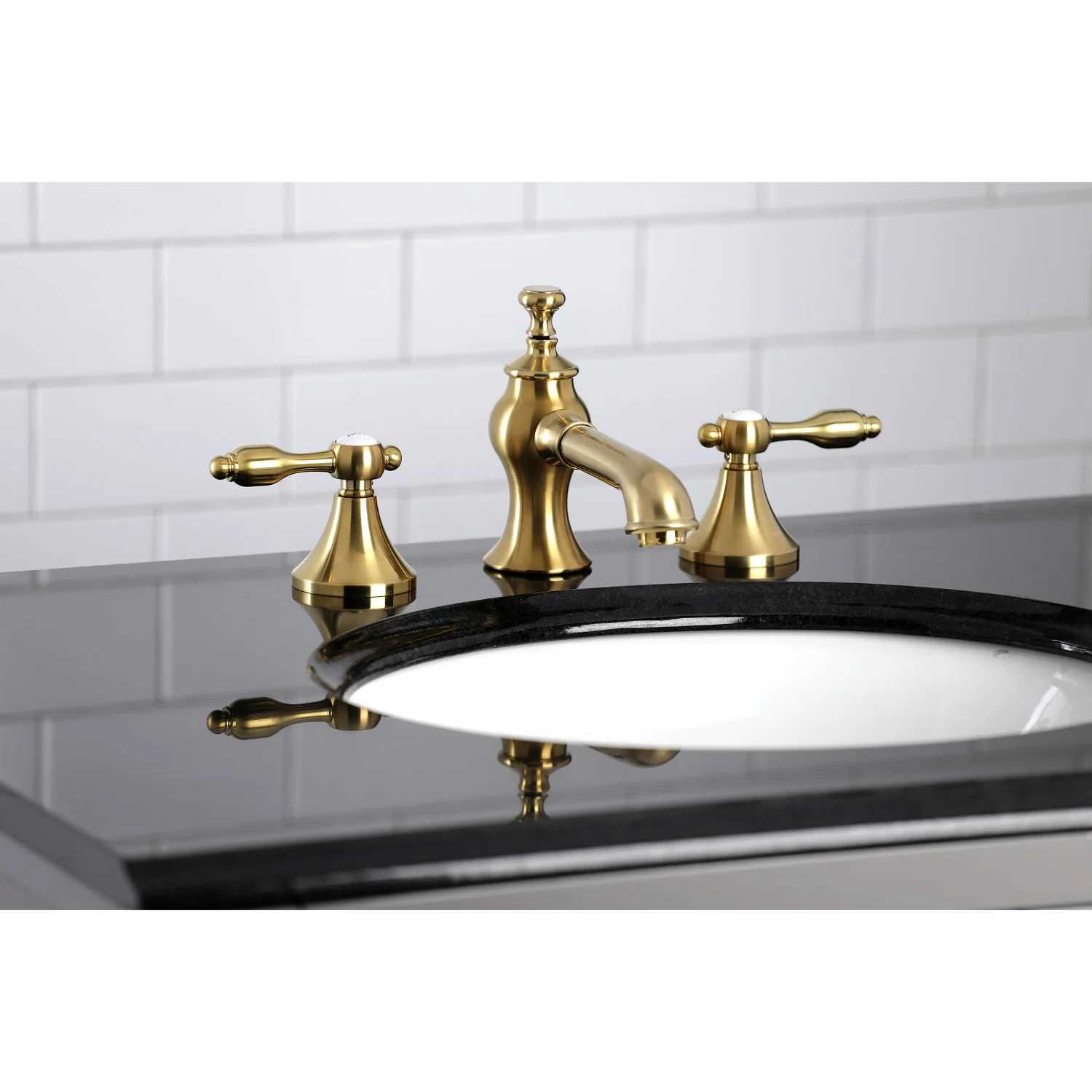 Kingston Tulare KC7067TAL - Tudor Two-Handle 3-Hole Deck Mount Widespread Bathroom Faucet with Brass Pop-Up, Brushed Brass - Image 2