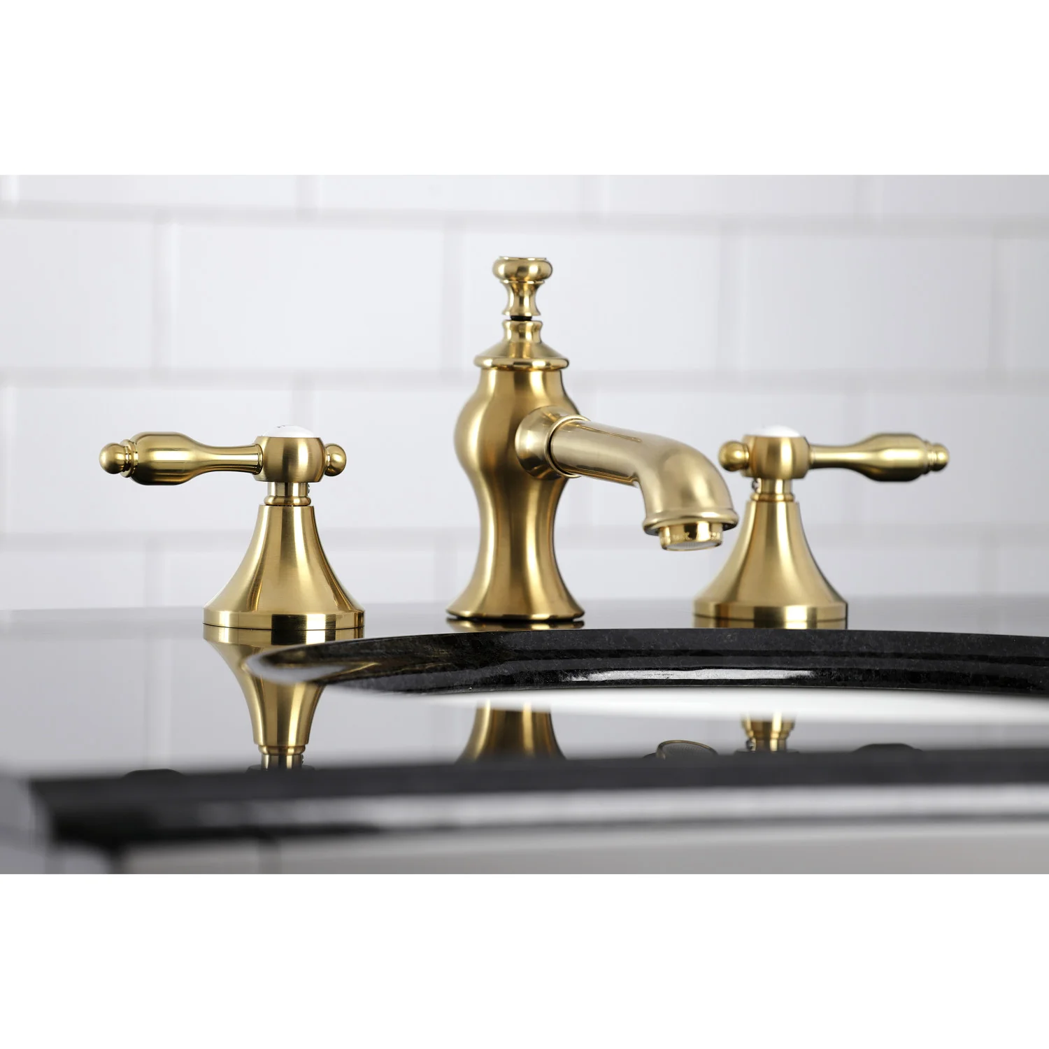 Kingston Tulare KC7067TAL - Tudor Two-Handle 3-Hole Deck Mount Widespread Bathroom Faucet with Brass Pop-Up, Brushed Brass - Image 3