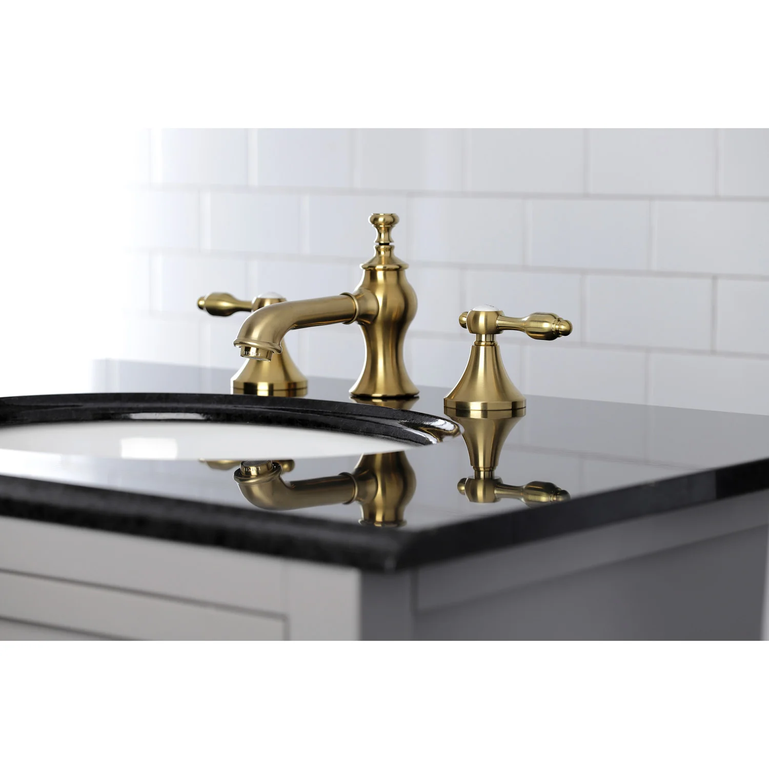 Kingston Tulare KC7067TAL - Tudor Two-Handle 3-Hole Deck Mount Widespread Bathroom Faucet with Brass Pop-Up, Brushed Brass - Image 4