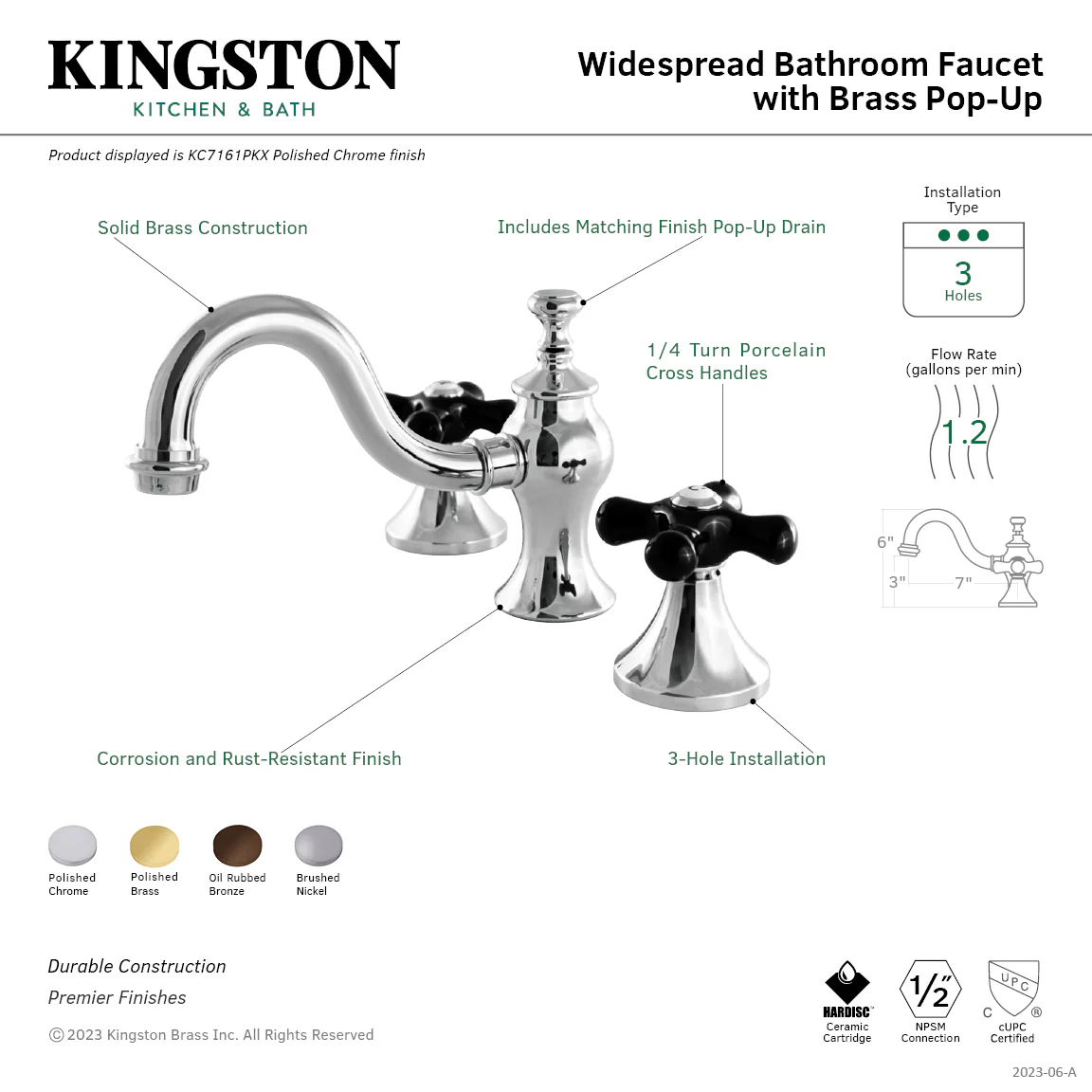 Kingston Heirloom KC7162PKX - Duchess Two-Handle 3-Hole Deck Mount Widespread Bathroom Faucet with Brass Pop-Up, Polished Brass - Image 2