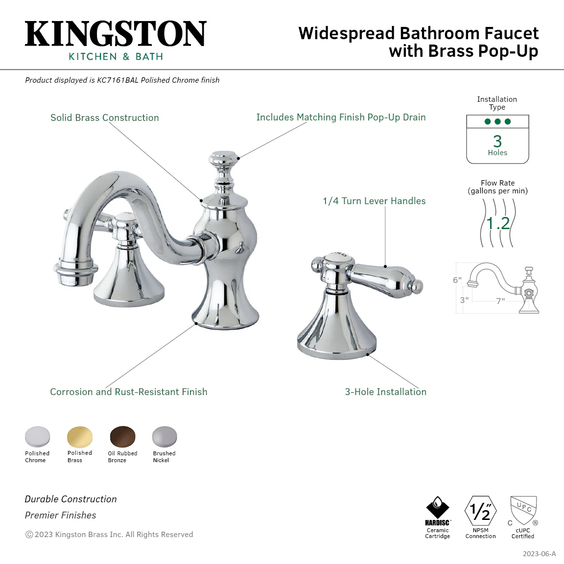 Kingston Heirloom KC7165BAL - Bel-Air Two-Handle 3-Hole Deck Mount Widespread Bathroom Faucet with Brass Pop-Up, Oil Rubbed Bronze - Image 2