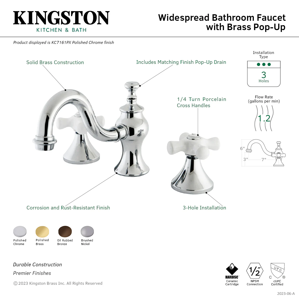 Kingston Heirloom KC7168PX Two-Handle 3-Hole Deck Mount Widespread Bathroom Faucet with Brass Pop-Up, Brushed Nickel - Image 3
