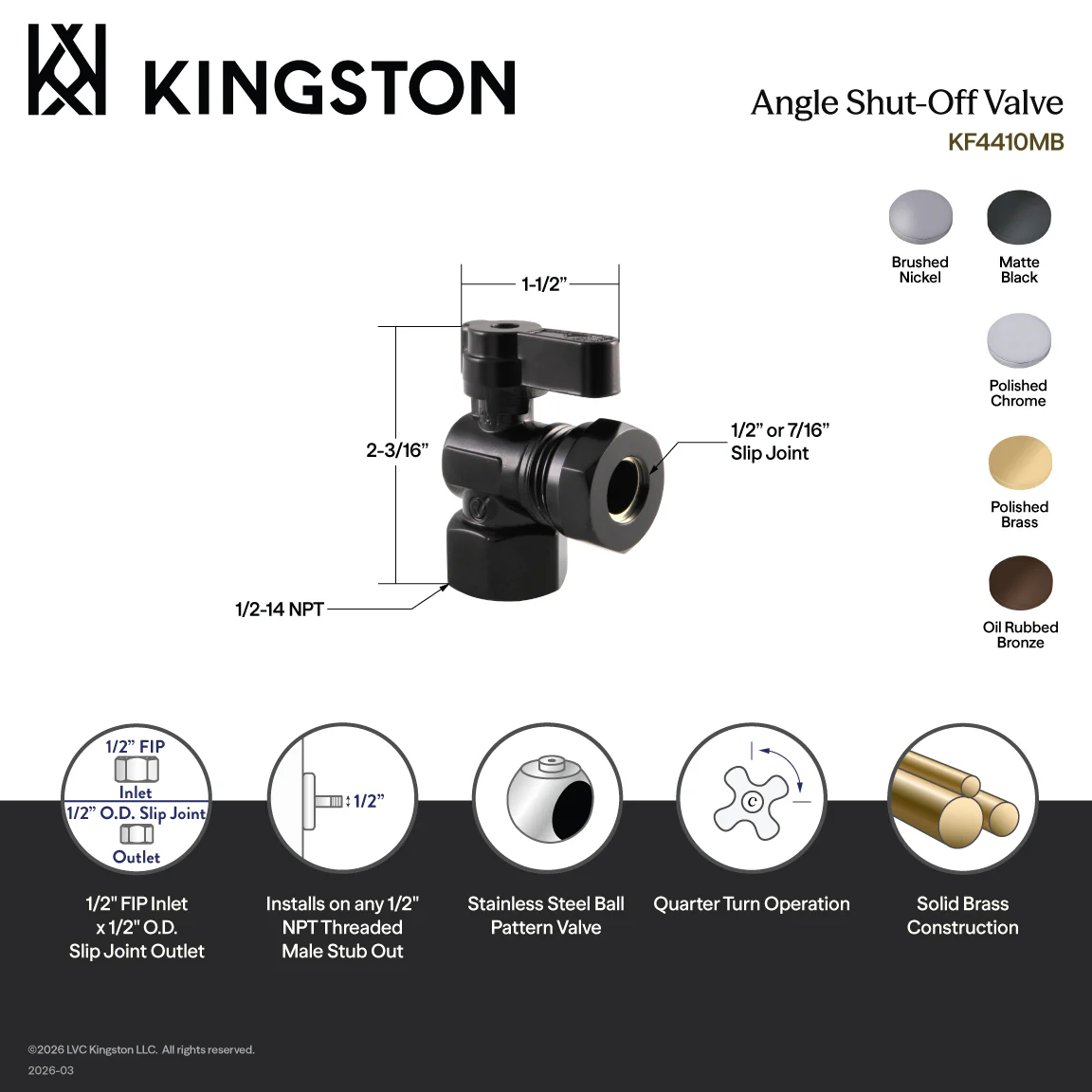 Kingston KF4410ORB 1/2-Inch FIP x 1/2-Inch or 7/16-Inch Slip Joint Quarter-Turn Angle Shut-Off Valve, Oil Rubbed Bronze - Image 3