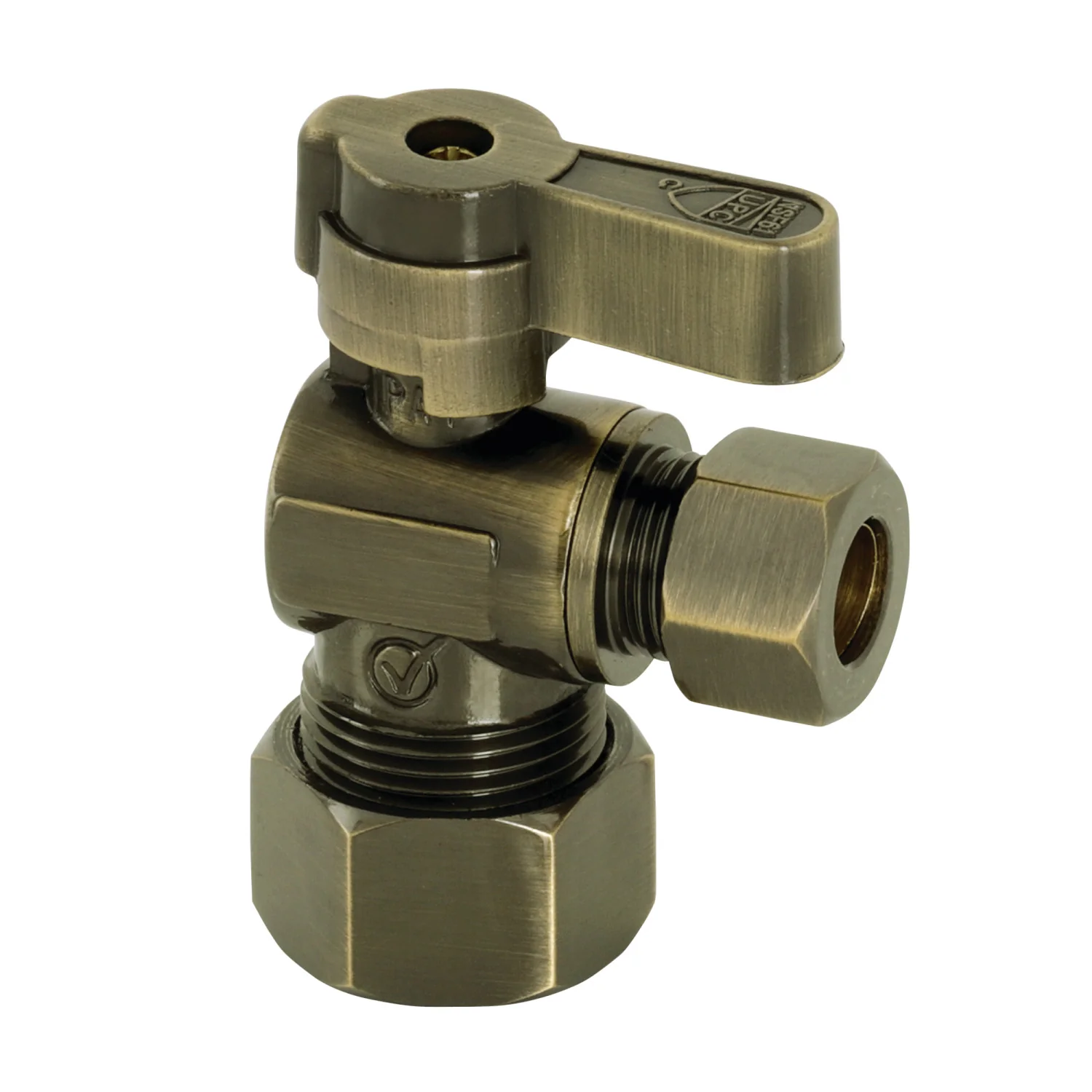 Kingston Baseline KF5330AB 5/8-Inch O.D. Comp x 3/8-Inch O.D. Comp Quarter-Turn Angle Shut-Off Valve, Antique Brass