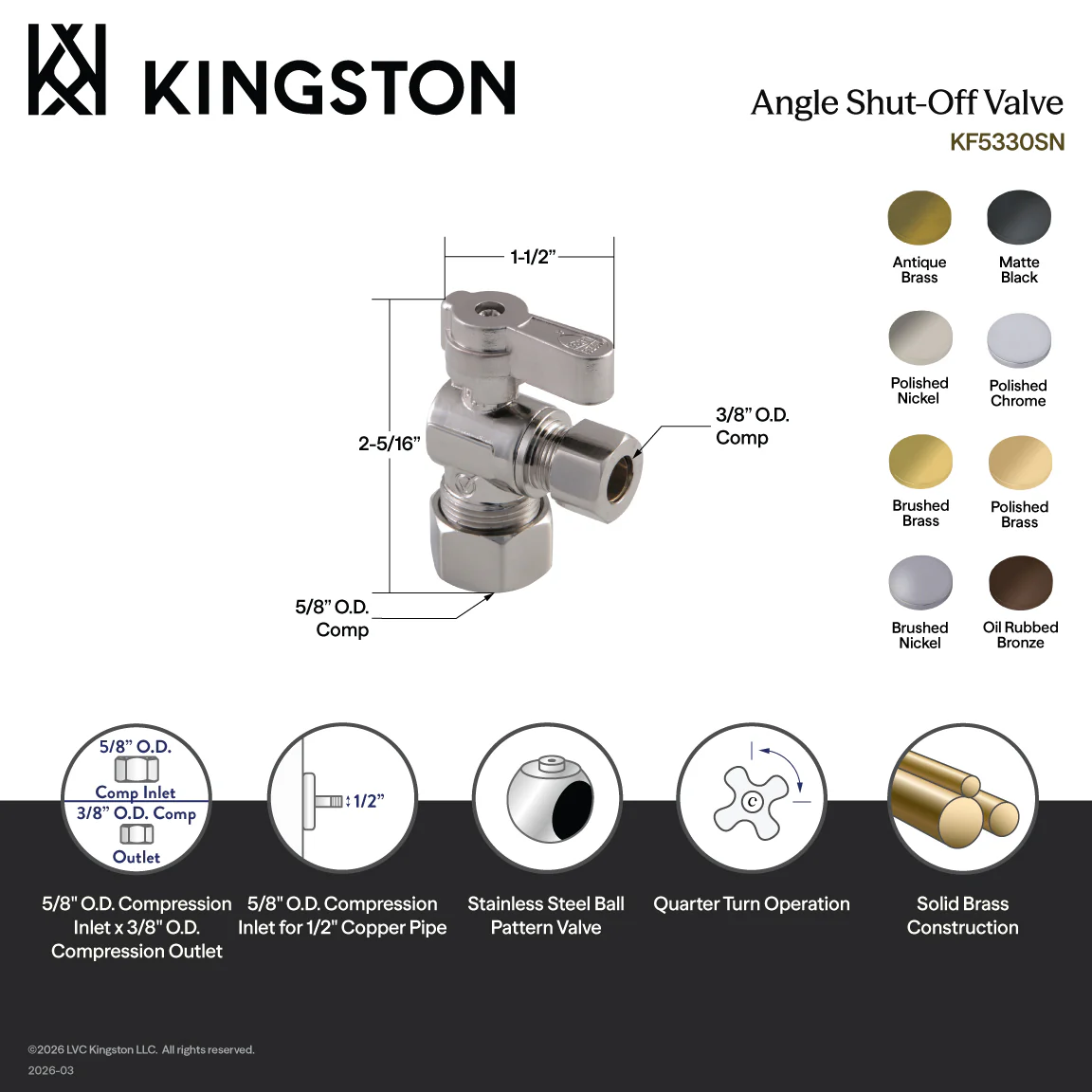 Kingston Baseline KF5330ORB 5/8-Inch O.D. Comp x 3/8-Inch O.D. Comp Quarter-Turn Angle Shut-Off Valve, Oil Rubbed Bronze - Image 2