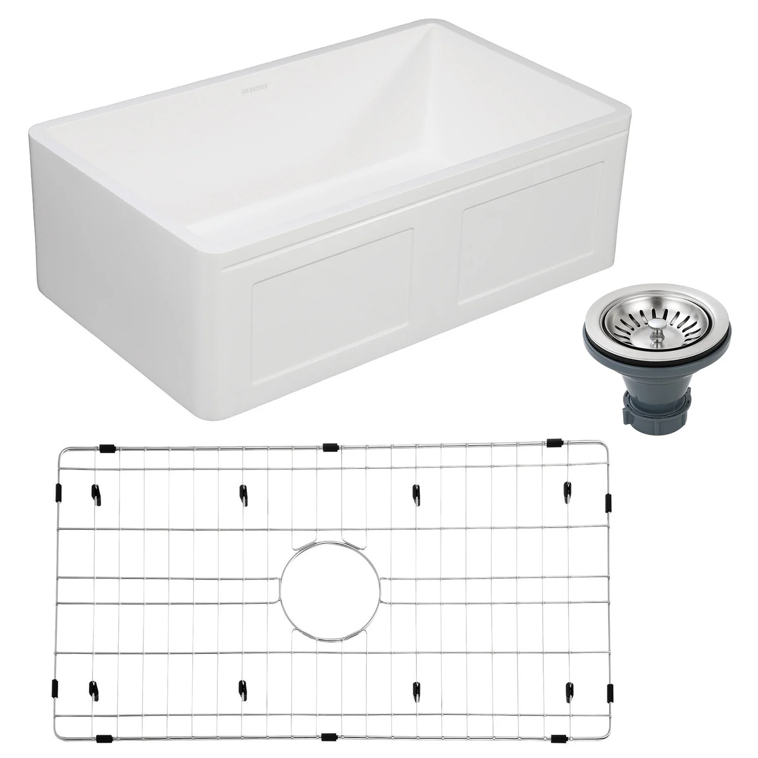 Kingston Heirloom KGKFA301810DS - Arcticstone 30-Inch Solid Surface White Stone Apron-Front Single Bowl Farmhouse Kitchen Sink with Strainer and Grid, Matte White/Brushed - Image 3