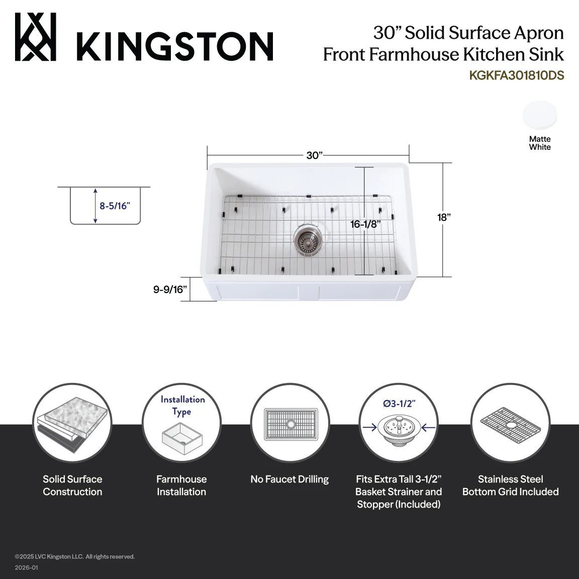 Kingston Heirloom KGKFA301810DS - Arcticstone 30-Inch Solid Surface White Stone Apron-Front Single Bowl Farmhouse Kitchen Sink with Strainer and Grid, Matte White/Brushed - Image 4