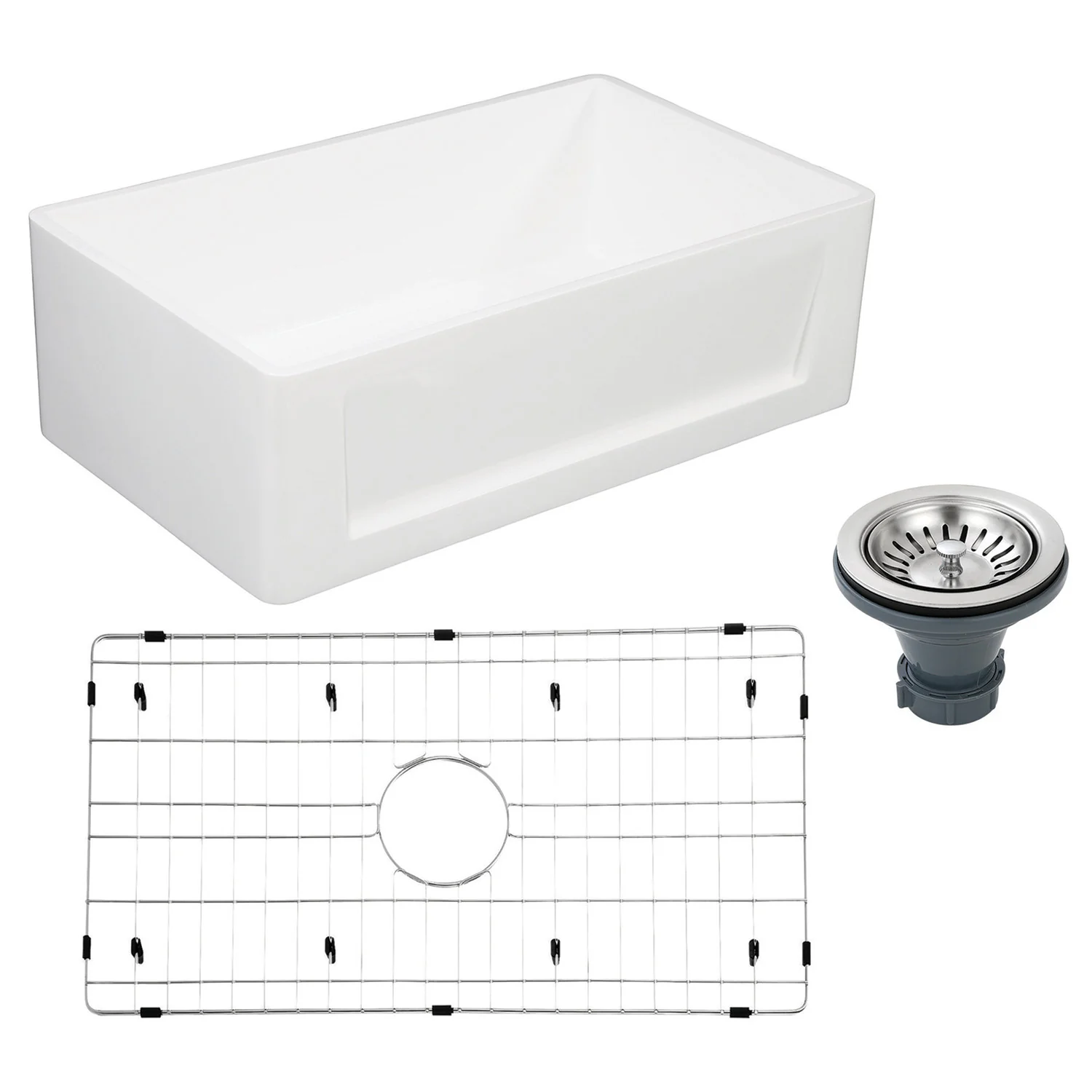 Kingston Arcticstone KGKFA301810SQ 30-Inch Solid Surface White Stone Apron-Front Single Bowl Farmhouse Kitchen Sink with Strainer and Grid, Matte White/Brushed - Image 3