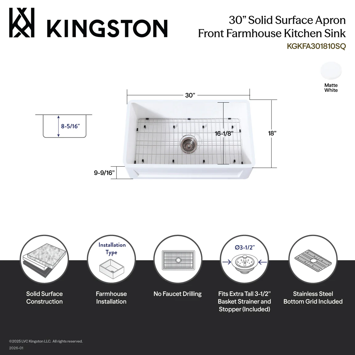 Kingston Arcticstone KGKFA301810SQ 30-Inch Solid Surface White Stone Apron-Front Single Bowl Farmhouse Kitchen Sink with Strainer and Grid, Matte White/Brushed - Image 4