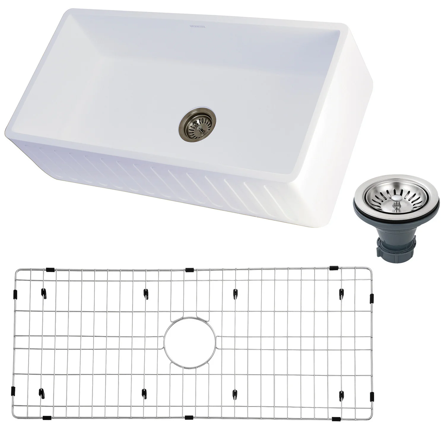 Kingston Sona KGKFA361810RM - Arcticstone 36-Inch Solid Surface White Stone Apron-Front Single Bowl Farmhouse Kitchen Sink with Strainer and Grid, Matte White/Brushed - Image 3