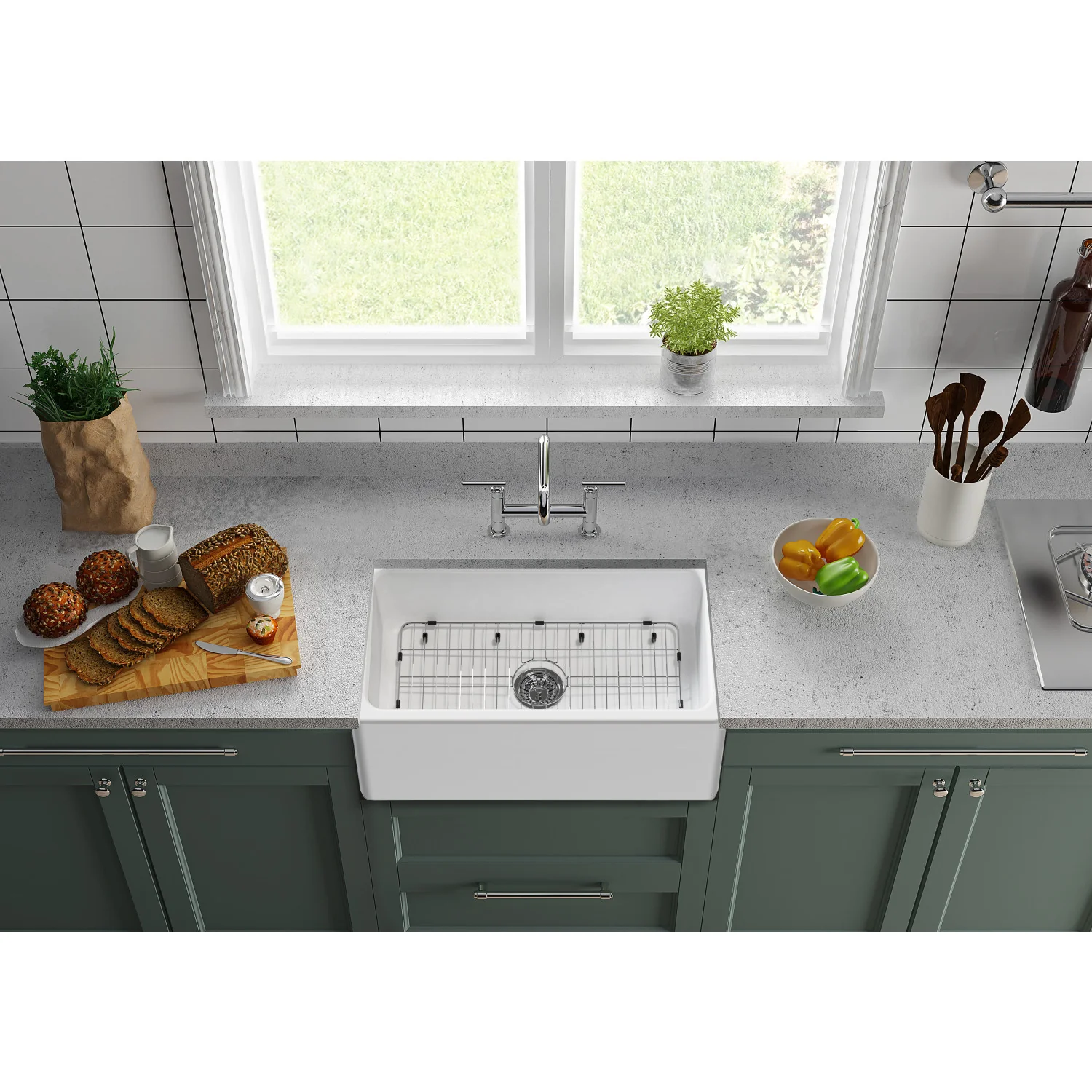 Kingston Heirloom KGPF311910EBC - Kaolin 30-Inch Fireclay Single Bowl Farmhouse Kitchen Sink with Bottom Grid and Strainer, Matte White - Image 2