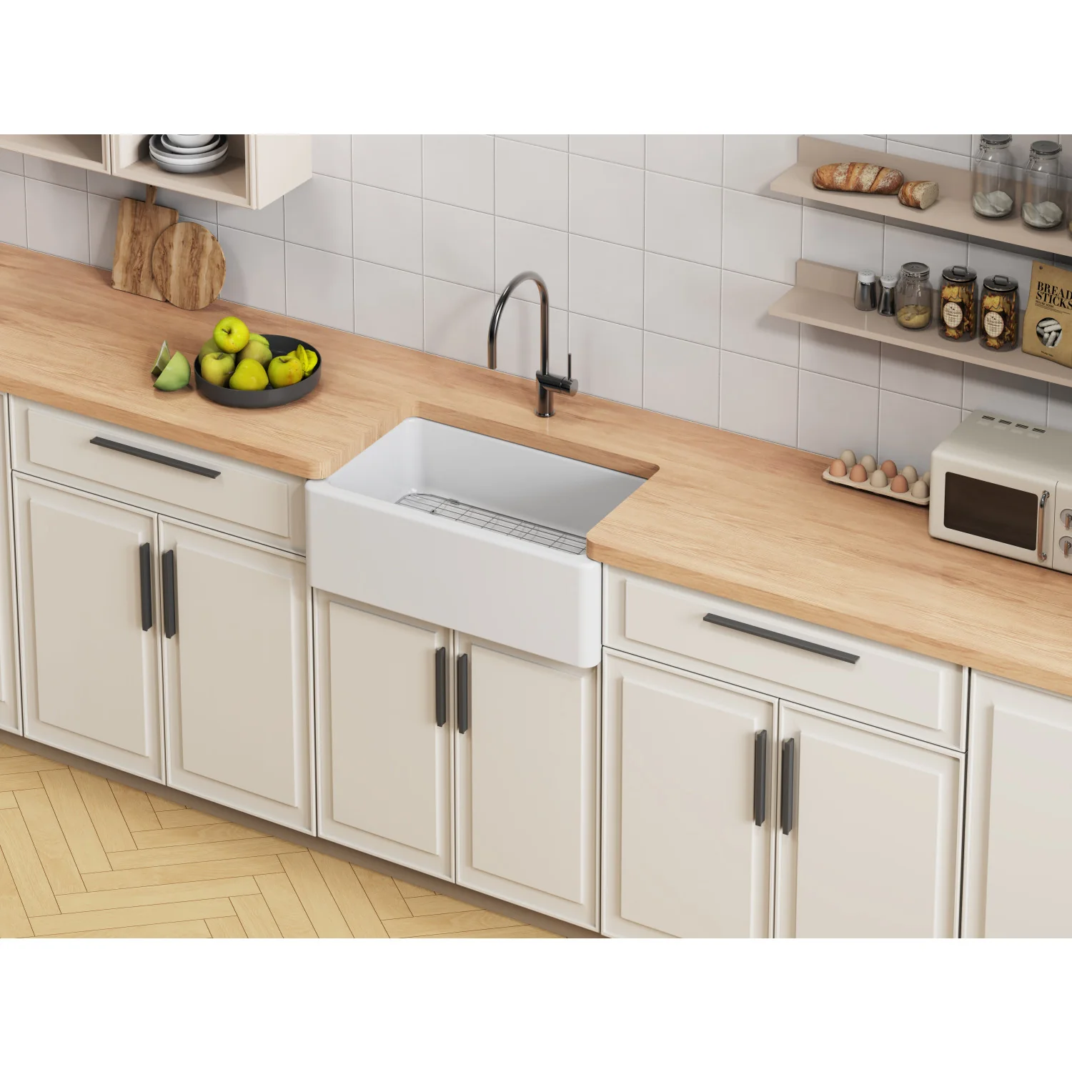 Kingston Heirloom KGPF311910EBC - Kaolin 30-Inch Fireclay Single Bowl Farmhouse Kitchen Sink with Bottom Grid and Strainer, Matte White - Image 3