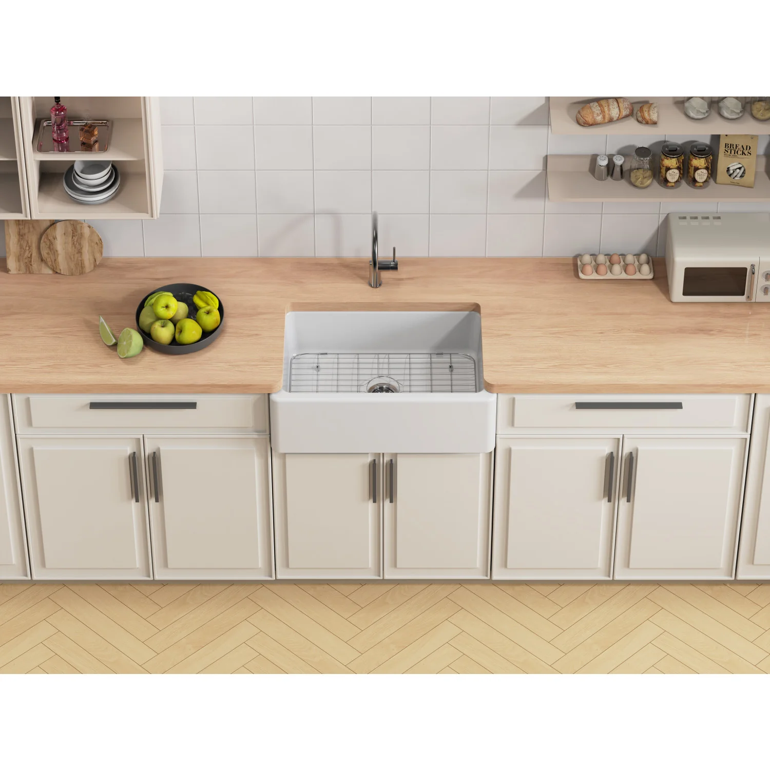 Kingston Heirloom KGPF311910EBC - Kaolin 30-Inch Fireclay Single Bowl Farmhouse Kitchen Sink with Bottom Grid and Strainer, Matte White - Image 5