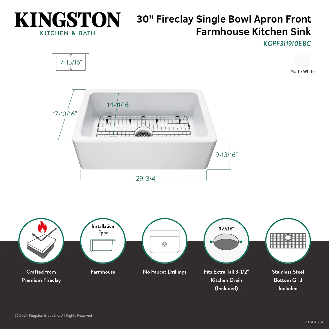 Kingston Heirloom KGPF311910EBC - Kaolin 30-Inch Fireclay Single Bowl Farmhouse Kitchen Sink with Bottom Grid and Strainer, Matte White - Image 6