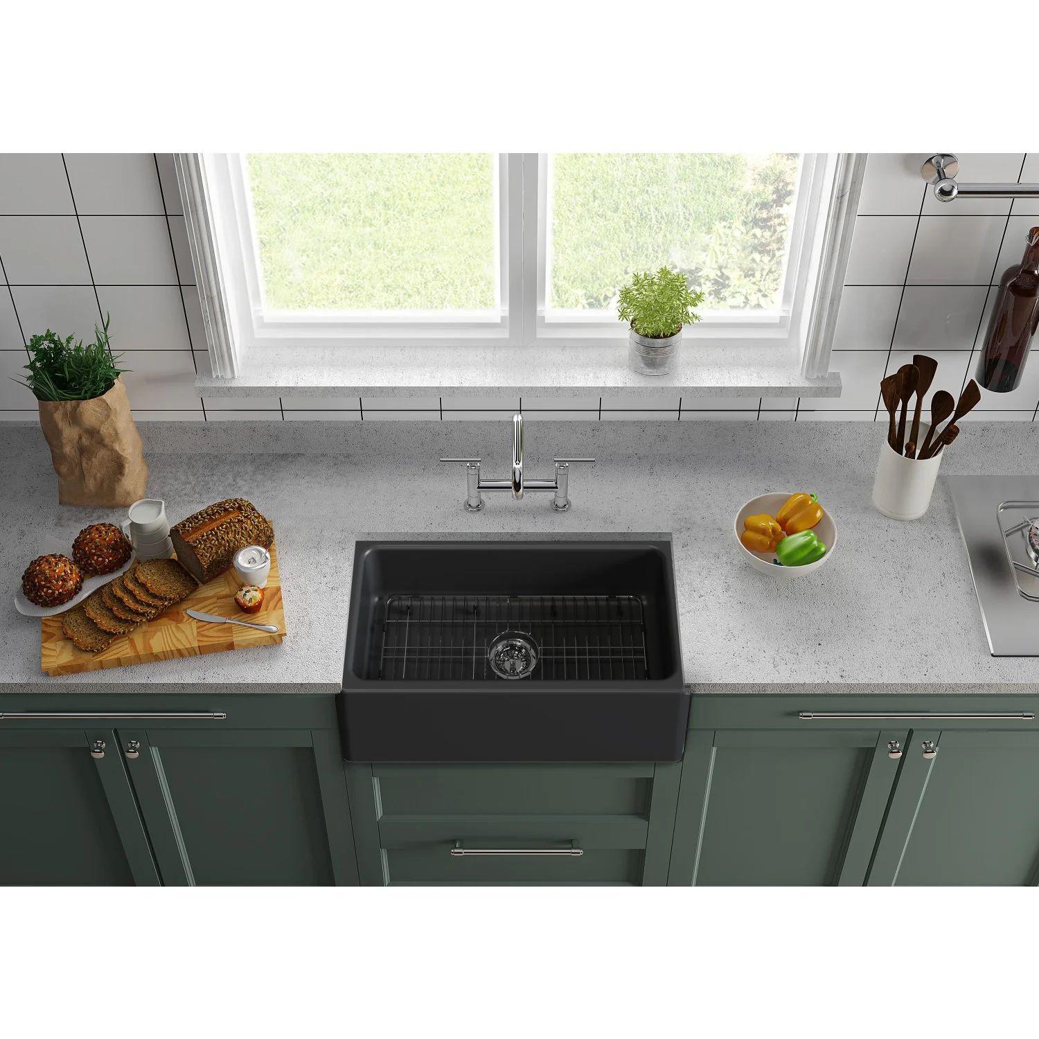 Kingston Heirloom KGPF311910KBC - Kaolin 30-Inch Fireclay Single Bowl Farmhouse Kitchen Sink with Bottom Grid and Strainer, Matte Black - Image 2