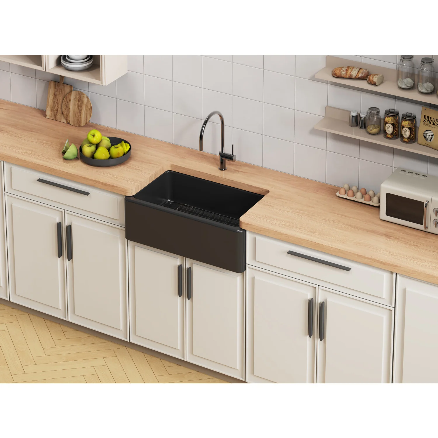 Kingston Heirloom KGPF311910KBC - Kaolin 30-Inch Fireclay Single Bowl Farmhouse Kitchen Sink with Bottom Grid and Strainer, Matte Black - Image 3