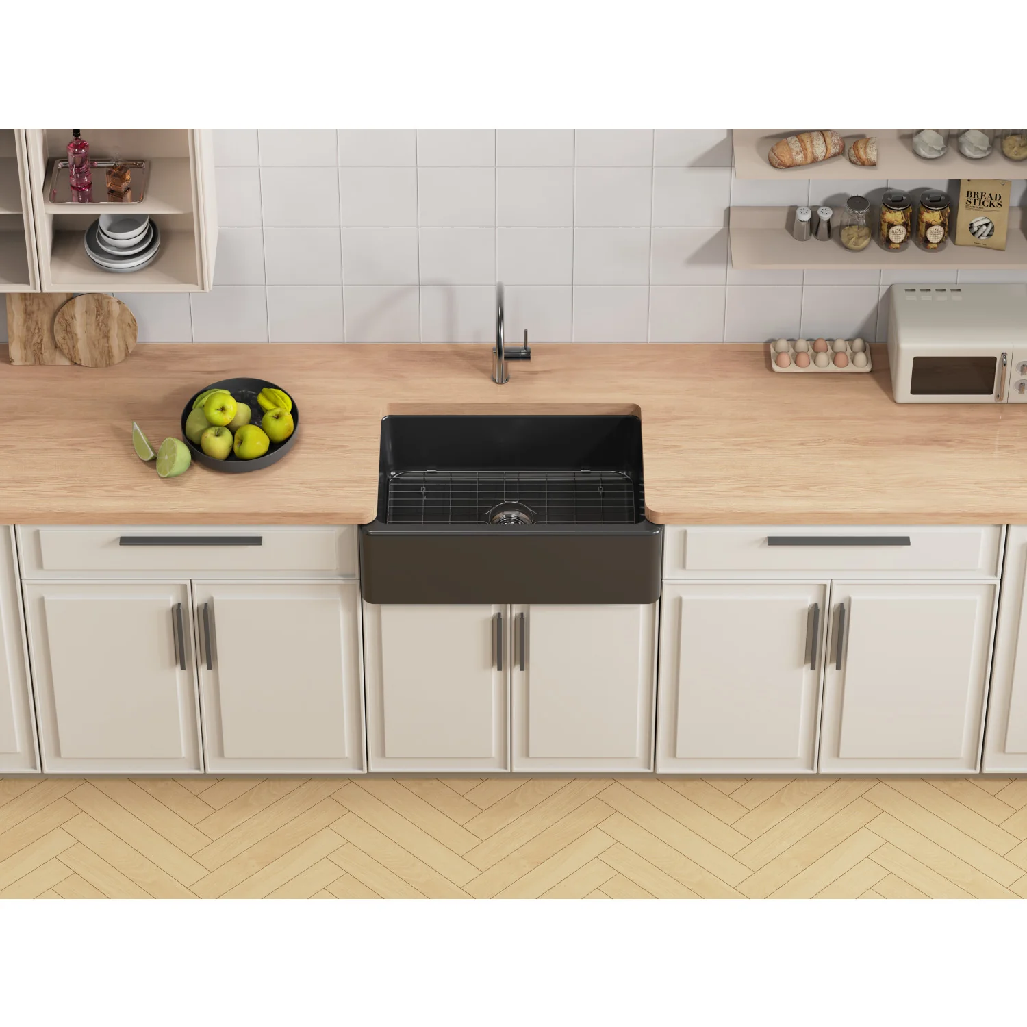 Kingston Heirloom KGPF311910KBC - Kaolin 30-Inch Fireclay Single Bowl Farmhouse Kitchen Sink with Bottom Grid and Strainer, Matte Black - Image 5