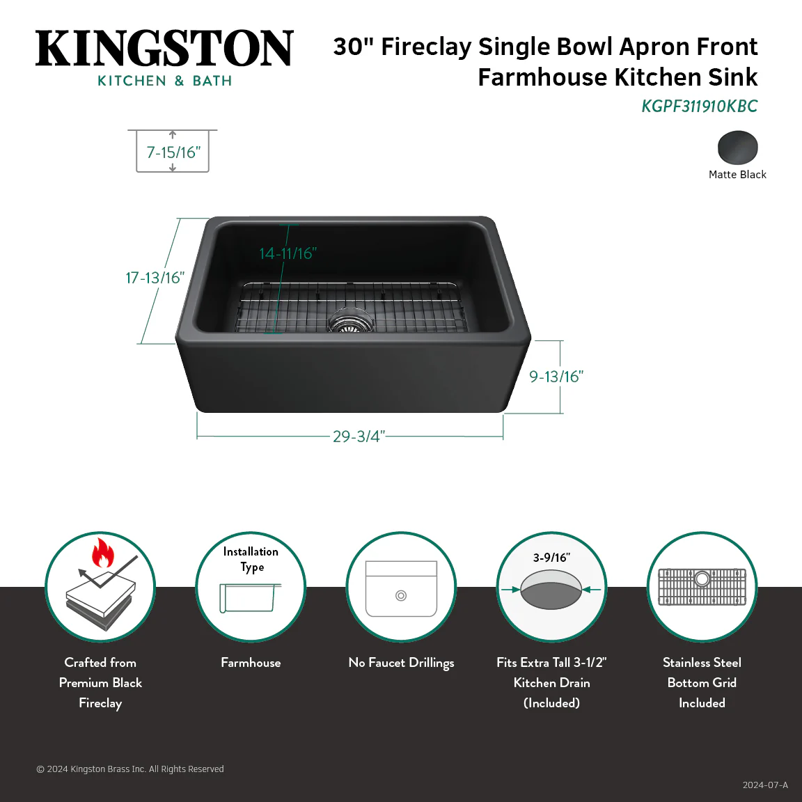 Kingston Heirloom KGPF311910KBC - Kaolin 30-Inch Fireclay Single Bowl Farmhouse Kitchen Sink with Bottom Grid and Strainer, Matte Black - Image 6