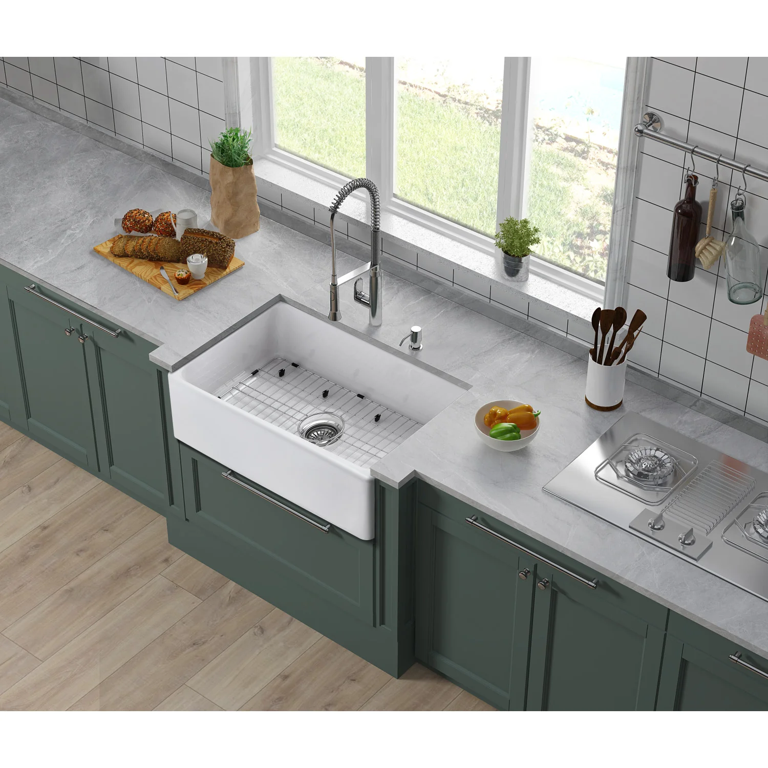 Kingston Heirloom KGPF311910YBC - Kaolin 30-Inch Fireclay Single Bowl Farmhouse Kitchen Sink with Bottom Grid and Strainer, Glossy White - Image 2