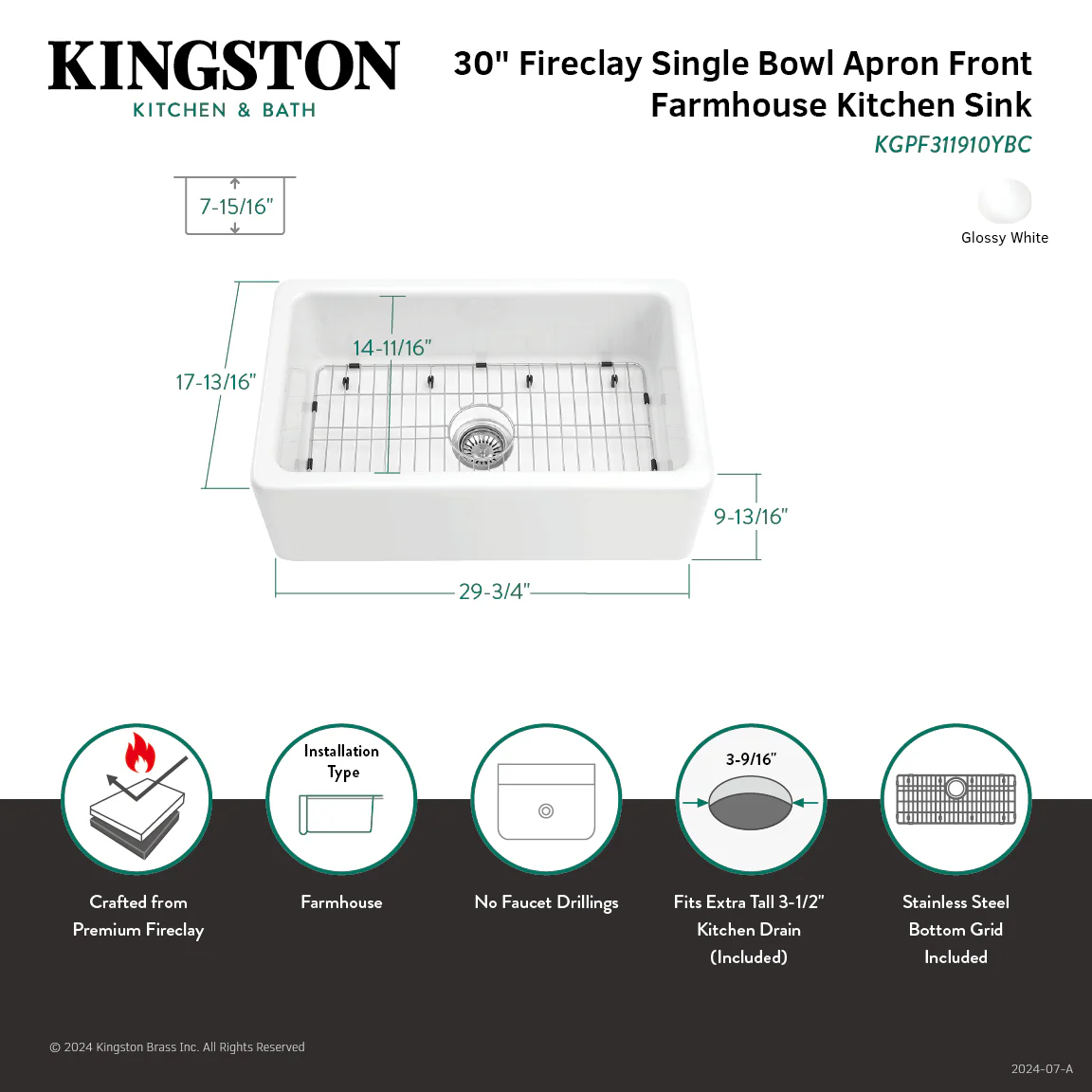 Kingston Heirloom KGPF311910YBC - Kaolin 30-Inch Fireclay Single Bowl Farmhouse Kitchen Sink with Bottom Grid and Strainer, Glossy White - Image 6