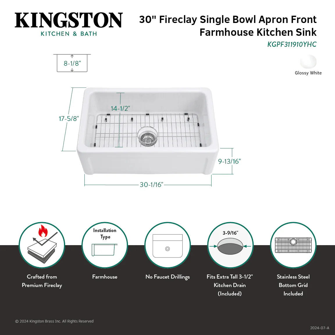 Kingston Heirloom KGPF311910YHC - Kaolin 30-Inch Fireclay Single Bowl Farmhouse Kitchen Sink with Bottom Grid and Strainer, Glossy White - Image 6