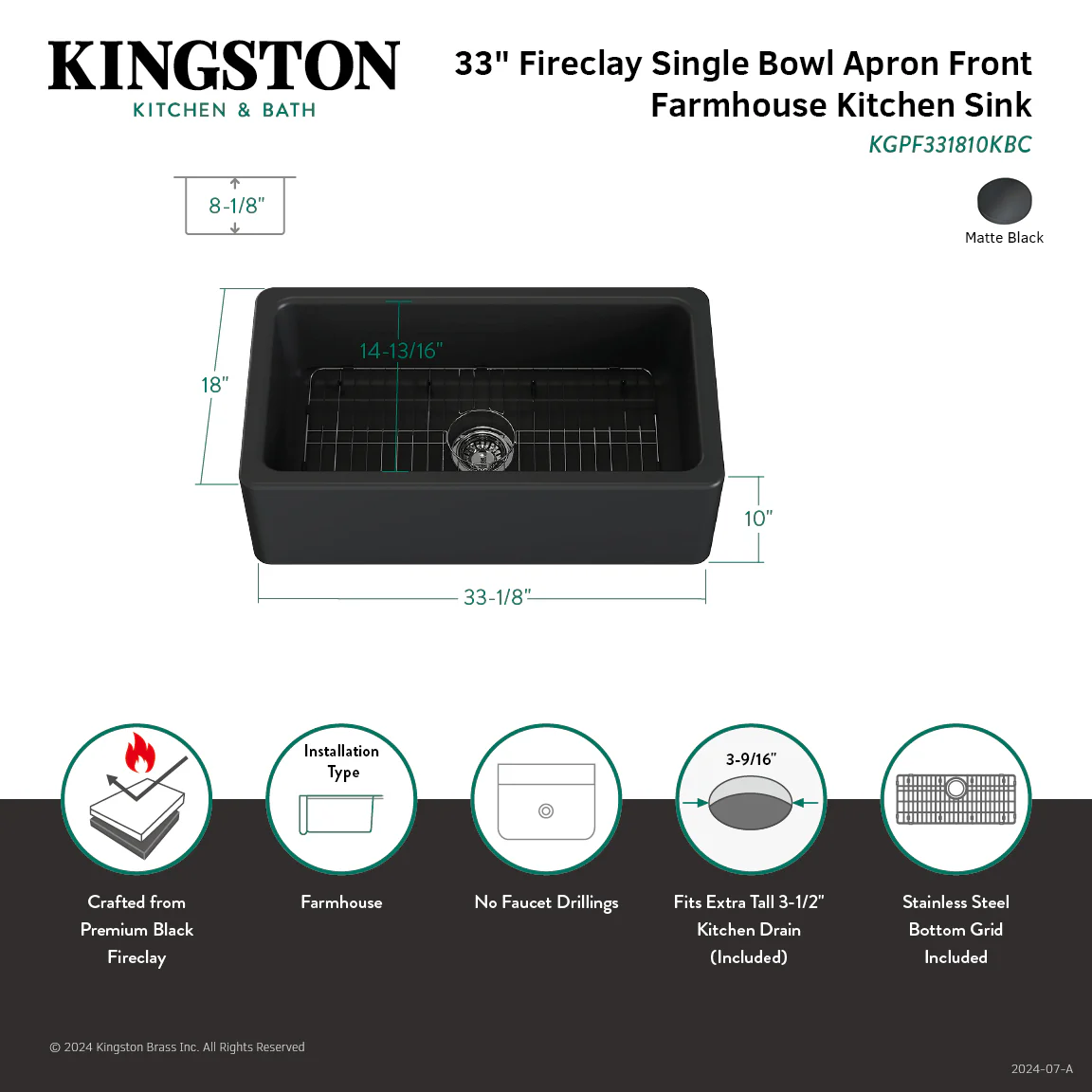 Kingston Heirloom KGPF331810KBC - Kaolin 33-Inch Fireclay Single Bowl Farmhouse Kitchen Sink with Bottom Grid and Strainer, Matte Black - Image 3