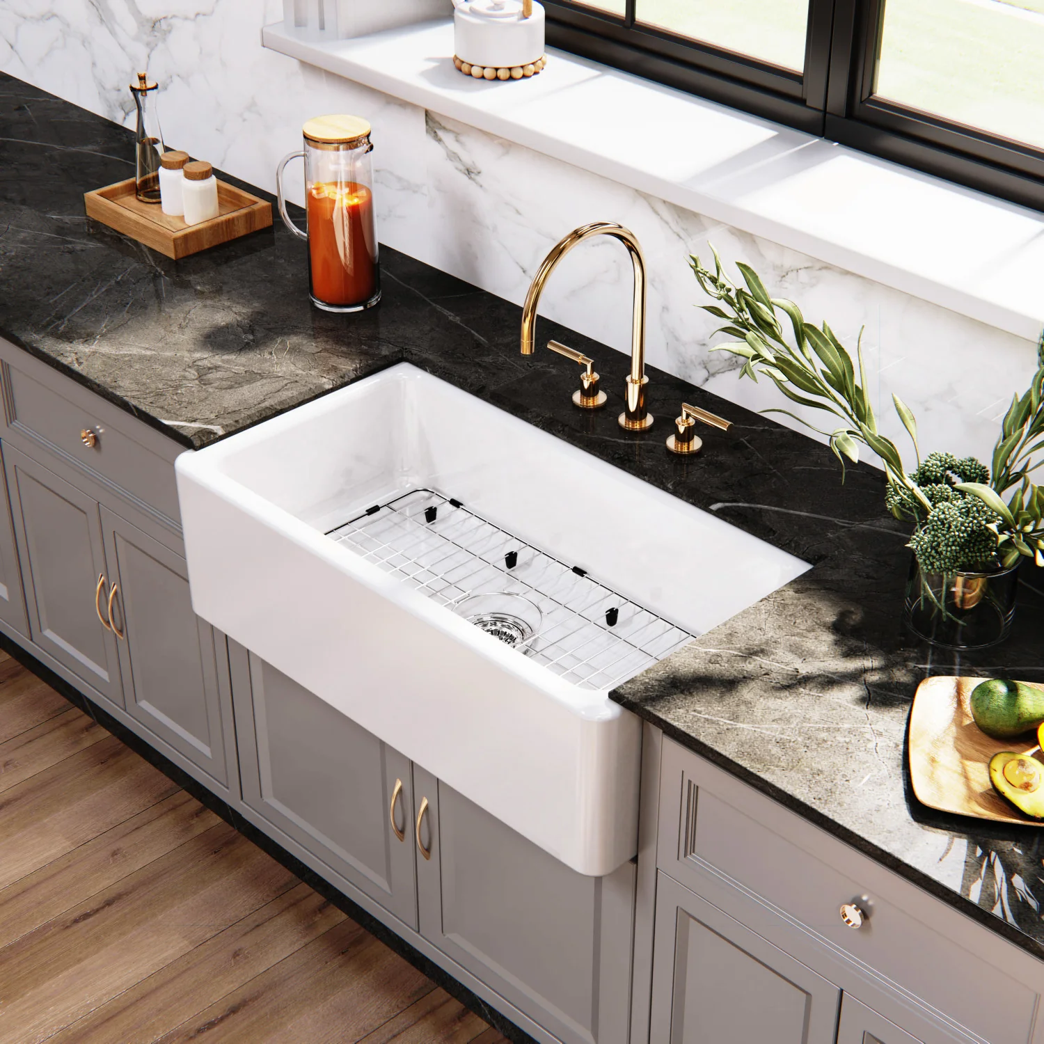 Kingston Heirloom KGPF331810YBC - Kaolin 33-Inch Fireclay Single Bowl Farmhouse Kitchen Sink with Bottom Grid and Strainer, Glossy White - Image 2