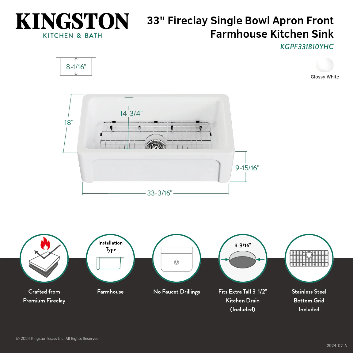 Kingston Heirloom KGPF331810YHC - Kaolin 33-Inch Fireclay Single Bowl Farmhouse Kitchen Sink with Bottom Grid and Strainer, Glossy White - Image 3