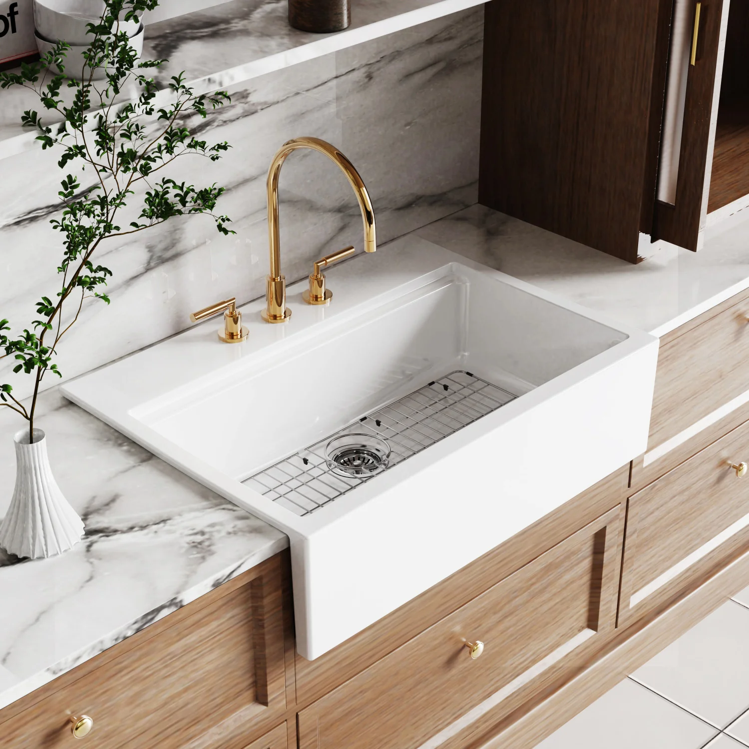 Kingston Heirloom KGPF342410Y38E - Kaolin 34-Inch Fireclay Single Bowl Farmhouse Kitchen Sink with Bottom Grid and Strainer, Glossy White - Image 2