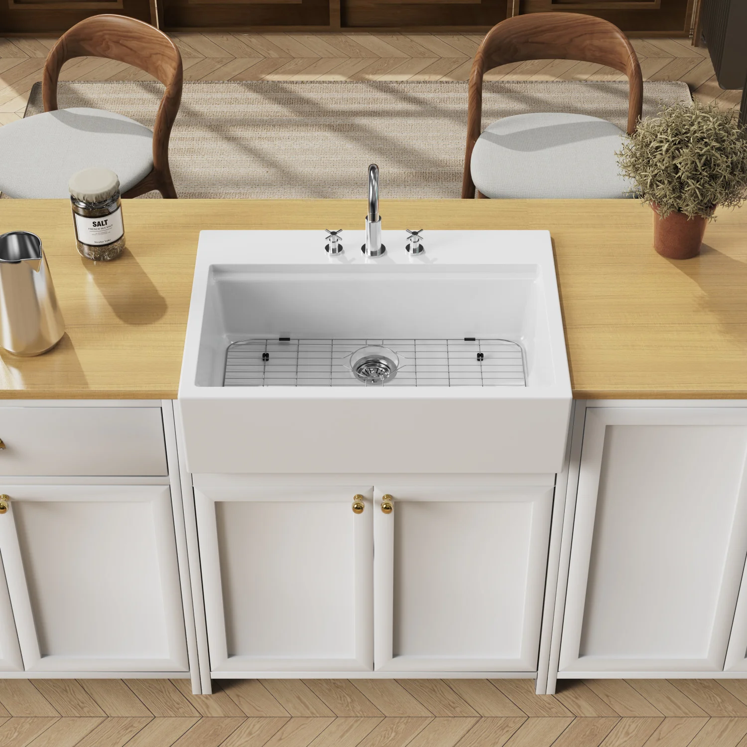 Kingston Heirloom KGPF342410Y38E - Kaolin 34-Inch Fireclay Single Bowl Farmhouse Kitchen Sink with Bottom Grid and Strainer, Glossy White - Image 4