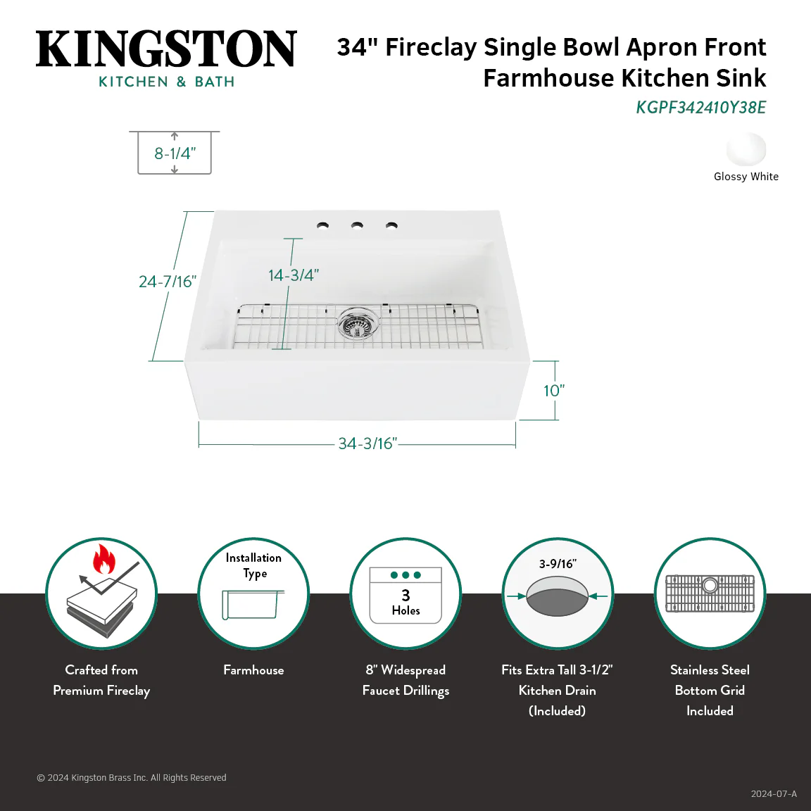 Kingston Heirloom KGPF342410Y38E - Kaolin 34-Inch Fireclay Single Bowl Farmhouse Kitchen Sink with Bottom Grid and Strainer, Glossy White - Image 5