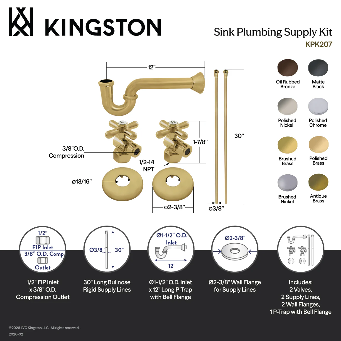 Kingston Heirloom KPK207 - Gourmet Scape Traditional Plumbing Sink Trim Kit with P-Trap, Brushed Brass - Image 3