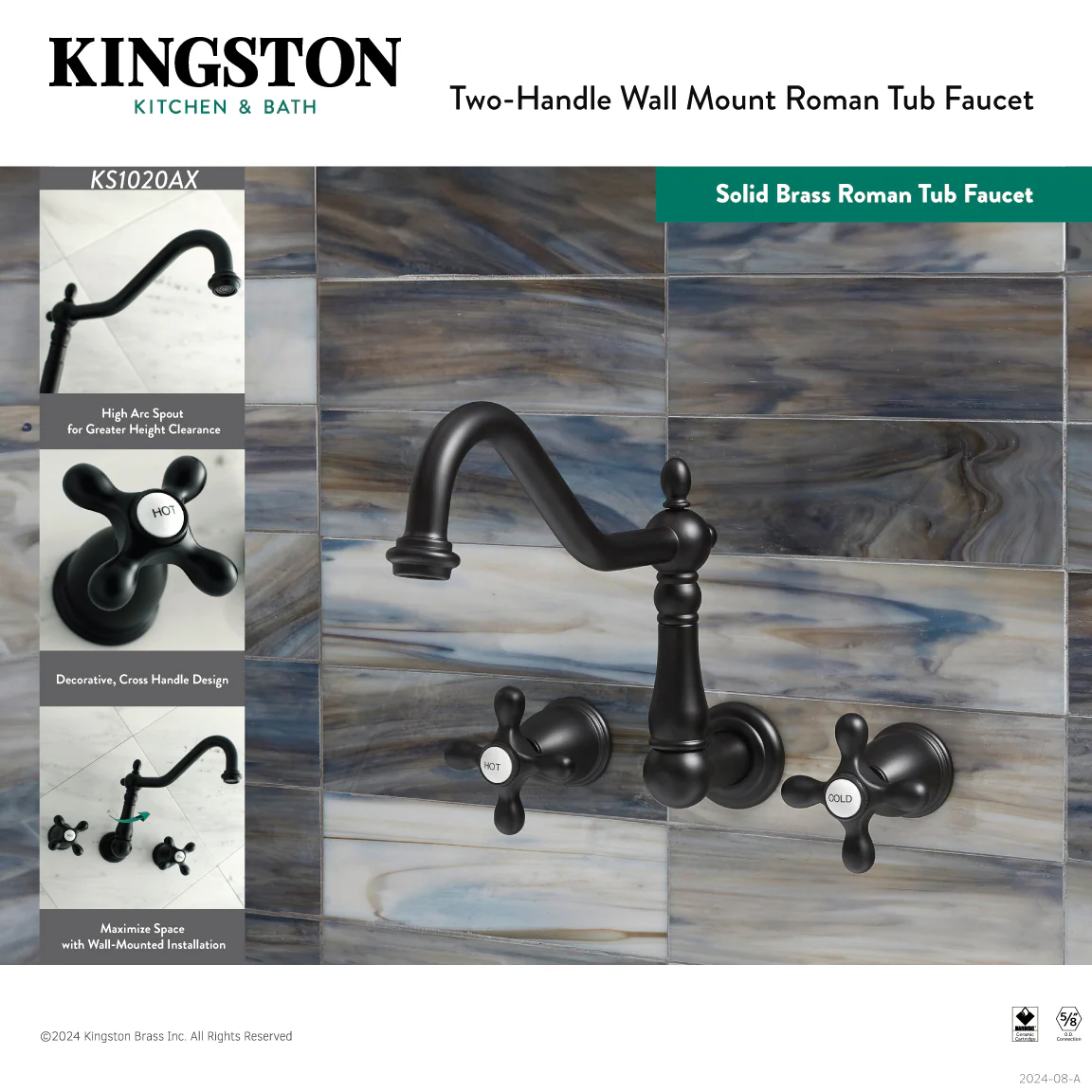 Kingston Heirloom KS1020AX - Heritage Two-Handle 3-Hole Wall Mount Tub Faucet, Matte Black - Image 9