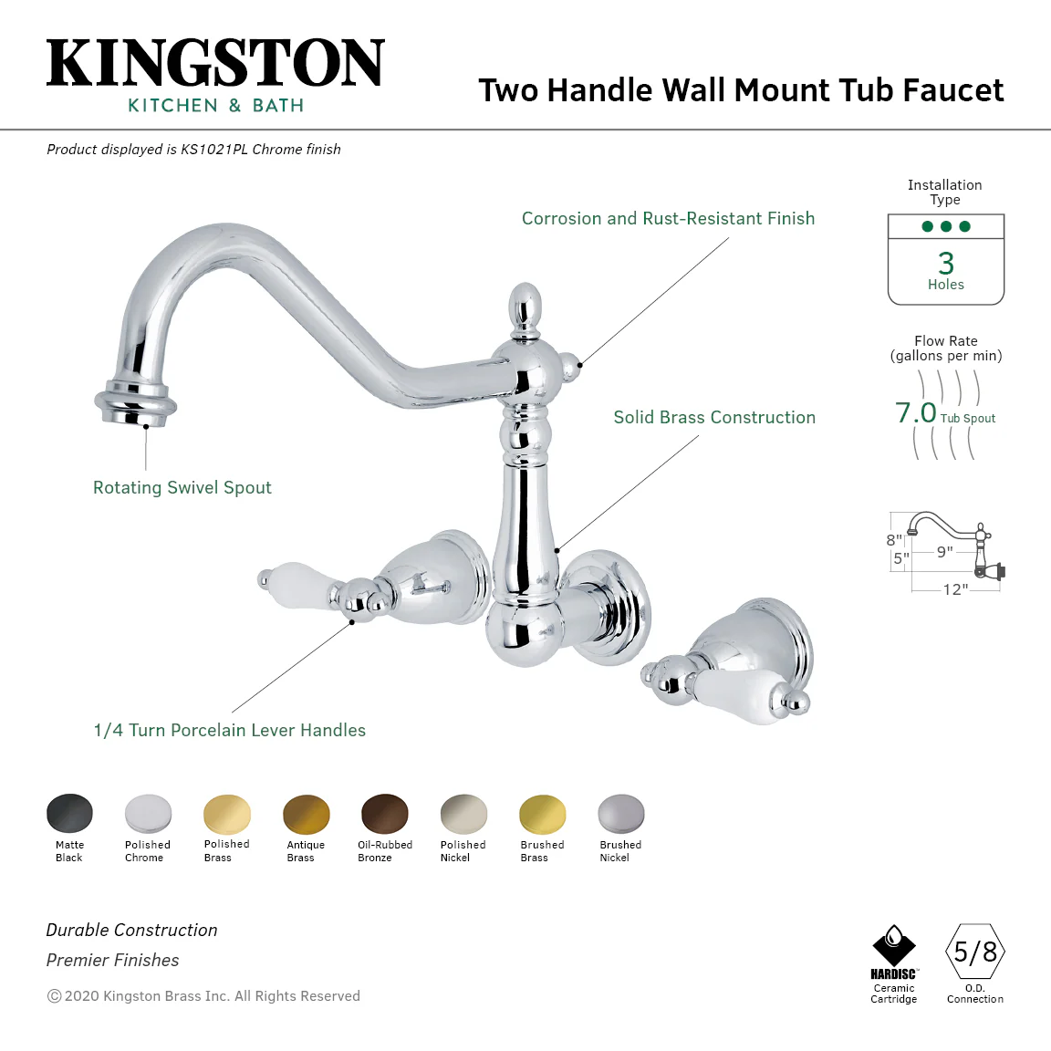 Kingston Heirloom KS1023PL - Heritage Two-Handle 3-Hole Wall Mount Tub Faucet, Antique Brass - Image 6