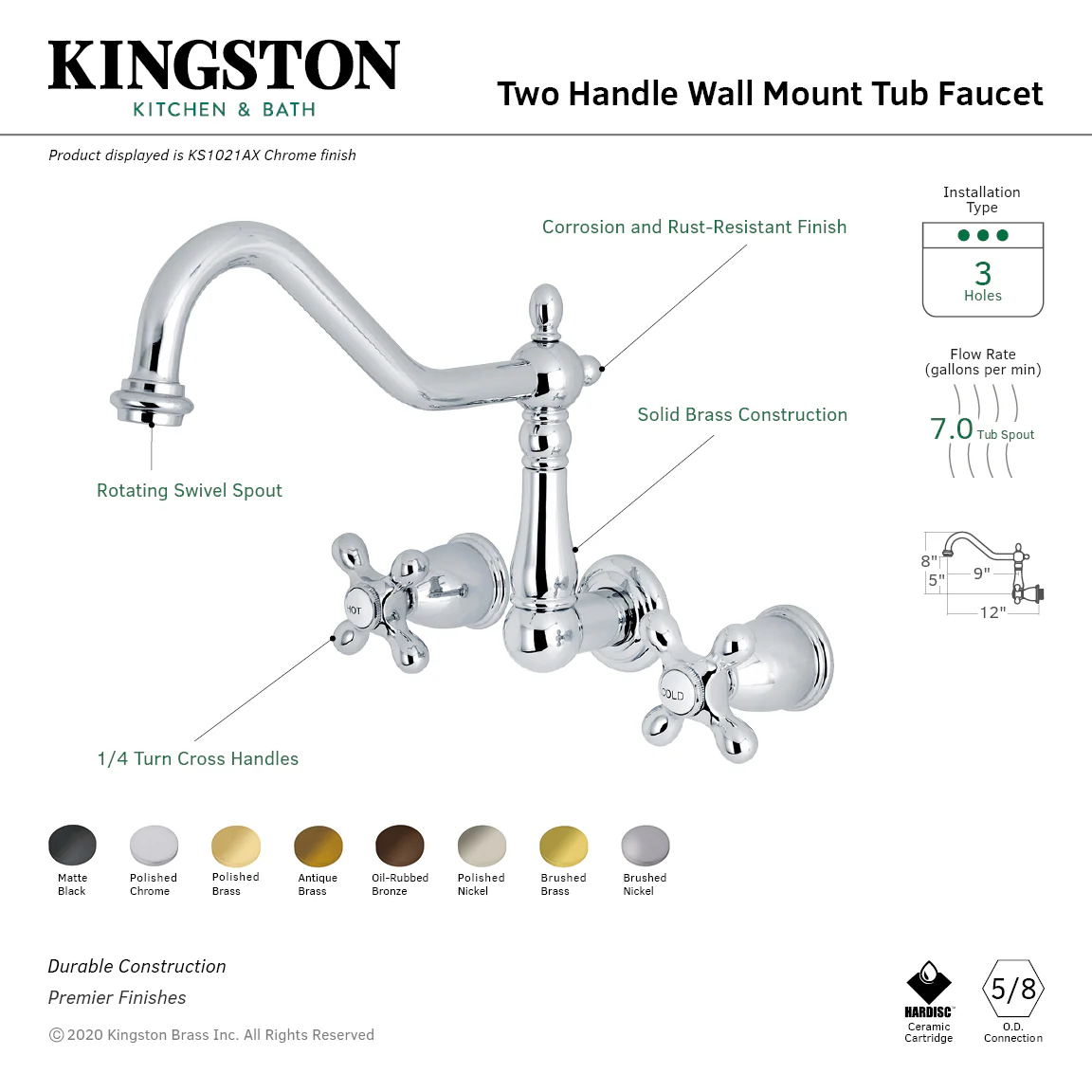 Kingston Heirloom KS1026AX - Heritage Two-Handle 3-Hole Wall Mount Tub Faucet, Polished Nickel - Image 6