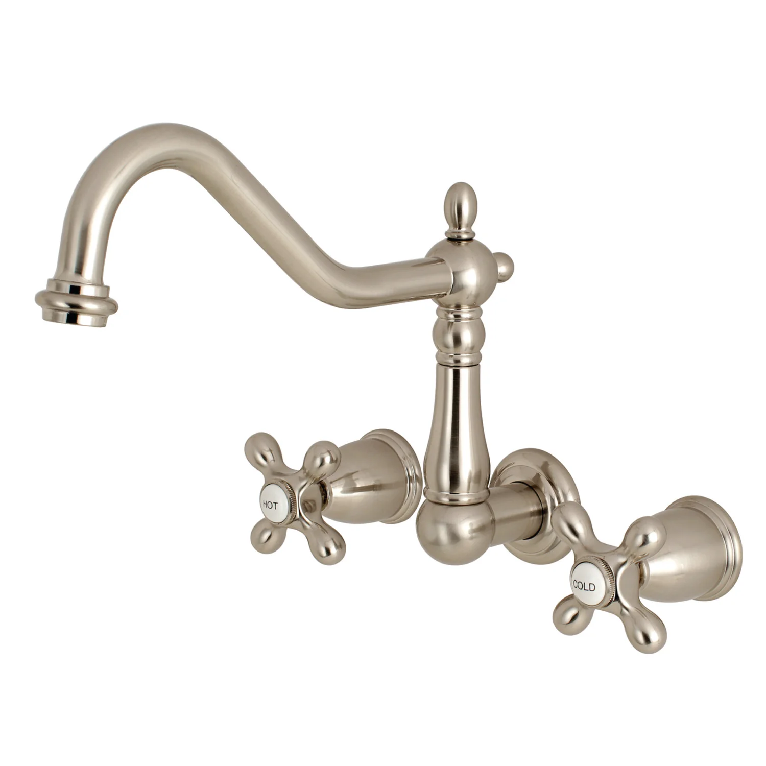 Kingston Heirloom KS1028AX - Heritage Two-Handle 3-Hole Wall Mount Tub Faucet, Brushed Nickel