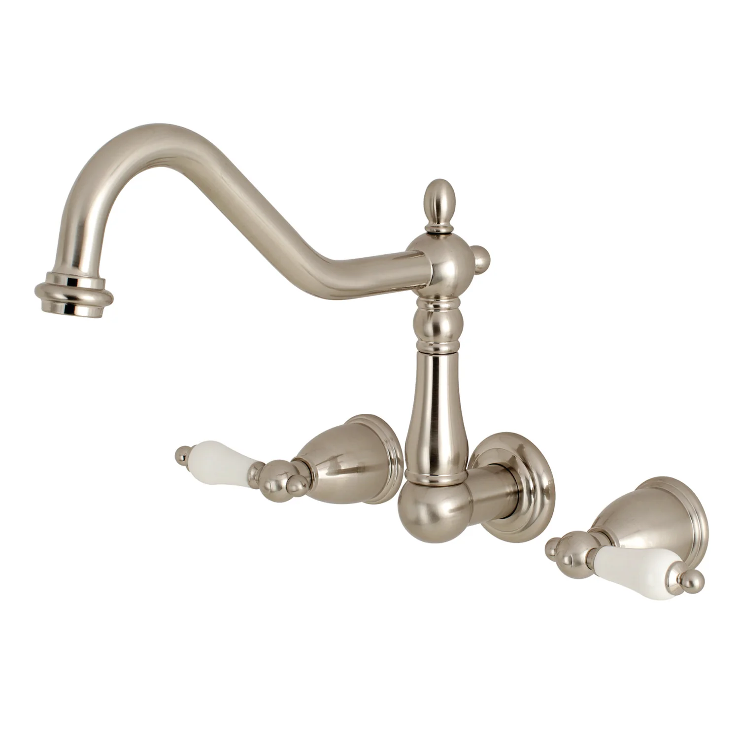 Kingston Heirloom KS1028PL - Heritage Two-Handle 3-Hole Wall Mount Tub Faucet, Brushed Nickel