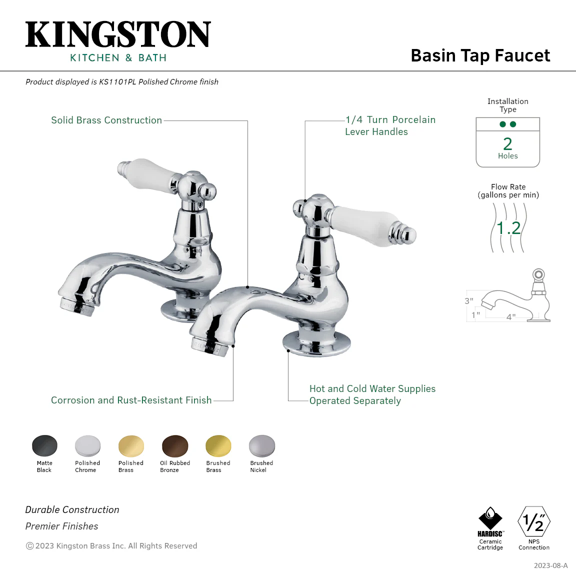 Kingston Heirloom KS1105PL - Heritage Two-Handle Deck Mount Basin Tap Faucet, Oil Rubbed Bronze - Image 3
