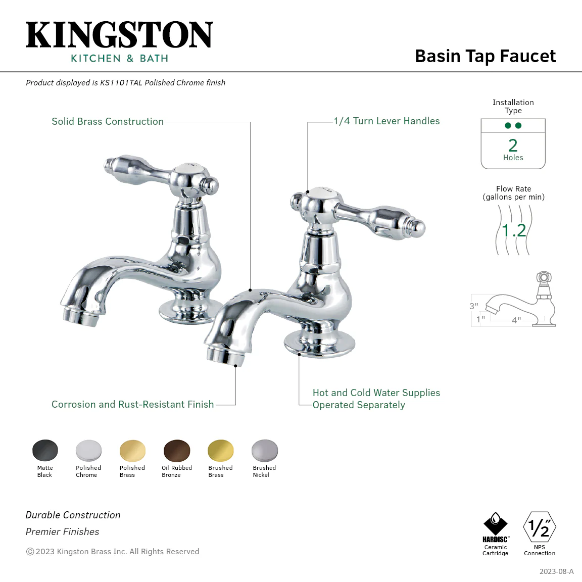 Kingston Heirloom KS1108TAL - Tudor Two-Handle Deck Mount Basin Tap Faucet, Brushed Nickel - Image 4