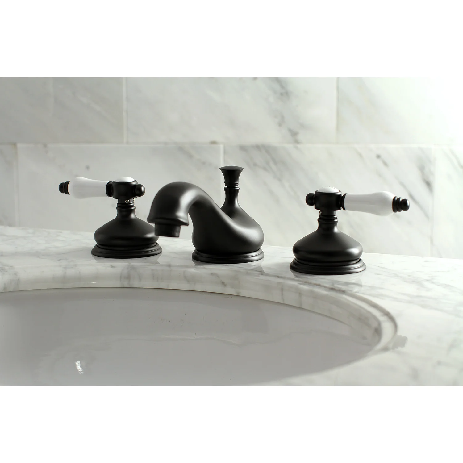 Kingston Heirloom KS1160BPL - Bel-Air Two-Handle 3-Hole Deck Mount Widespread Bathroom Faucet with Brass Pop-Up, Matte Black - Image 4