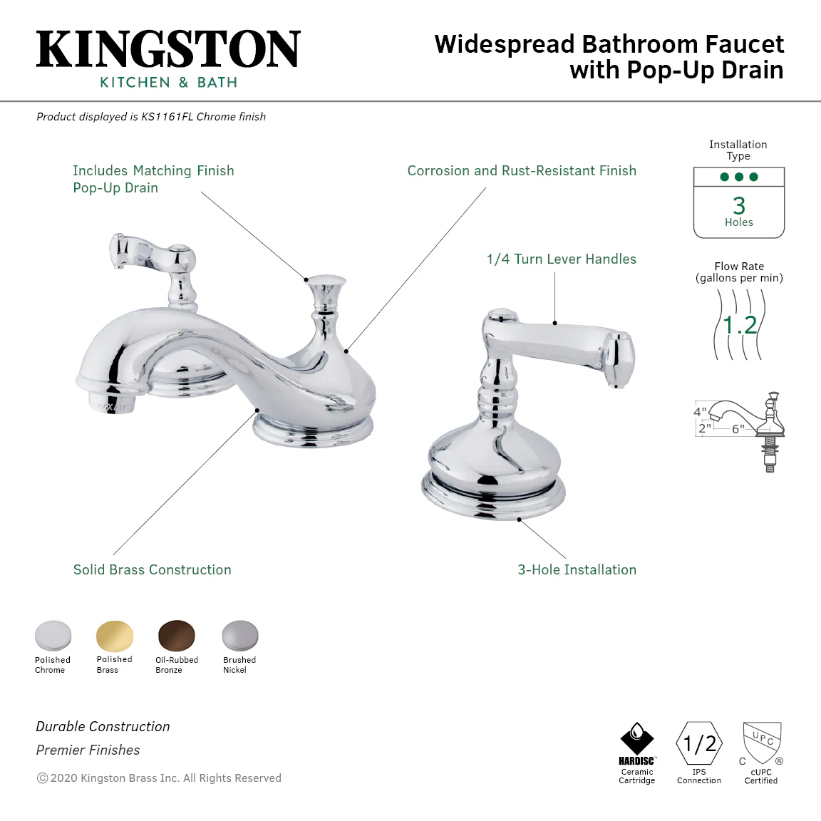 Kingston Tulare KS1161FL Two-Handle 3-Hole Deck Mount Widespread Bathroom Faucet with Brass Pop-Up, Polished Chrome - Image 2