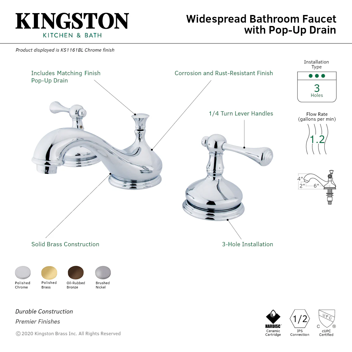 Kingston Tulare KS1162BL - Vintage Two-Handle 3-Hole Deck Mount Widespread Bathroom Faucet with Brass Pop-Up, Polished Brass - Image 2