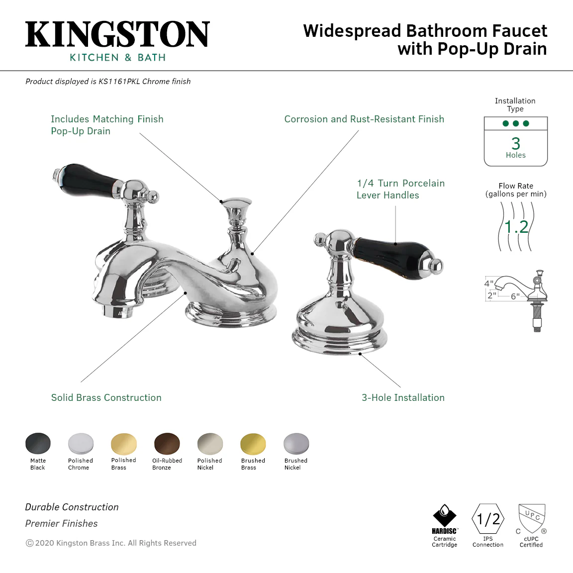 Kingston Heirloom KS1162PKL - Duchess Two-Handle 3-Hole Deck Mount Widespread Bathroom Faucet with Brass Pop-Up, Polished Brass - Image 3