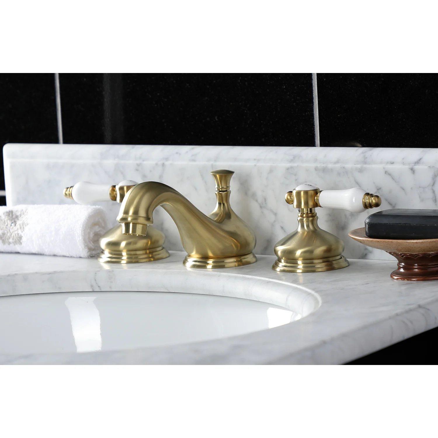 Kingston Heirloom KS1167BPL - Bel-Air Two-Handle 3-Hole Deck Mount Widespread Bathroom Faucet with Brass Pop-Up, Brushed Brass - Image 2