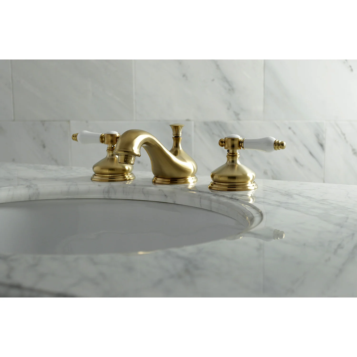 Kingston Heirloom KS1167BPL - Bel-Air Two-Handle 3-Hole Deck Mount Widespread Bathroom Faucet with Brass Pop-Up, Brushed Brass - Image 5